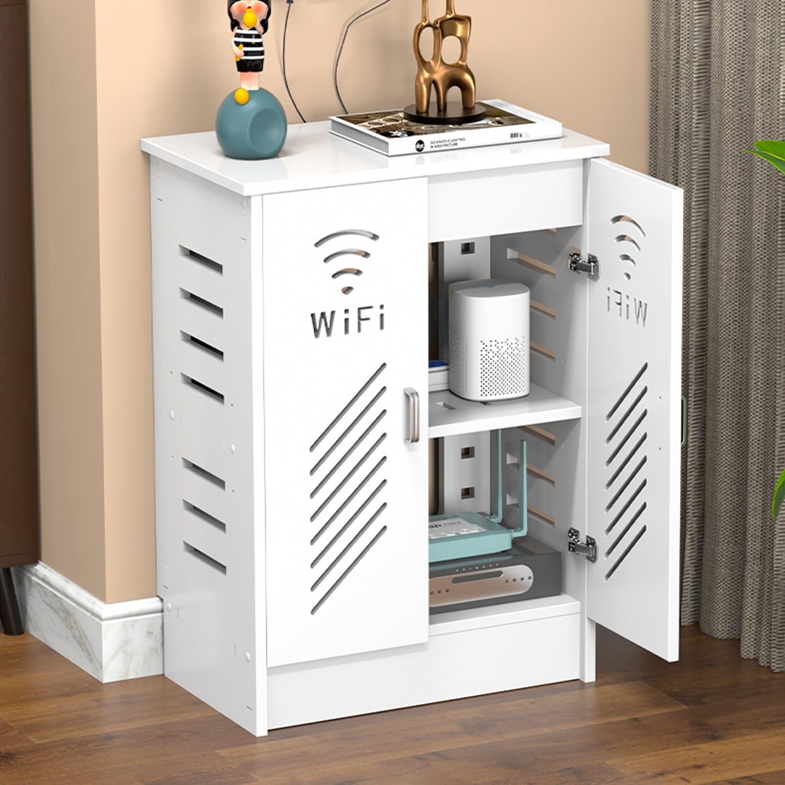 Modem et multiprise cachés dans un meuble de rangement Wi-Fi