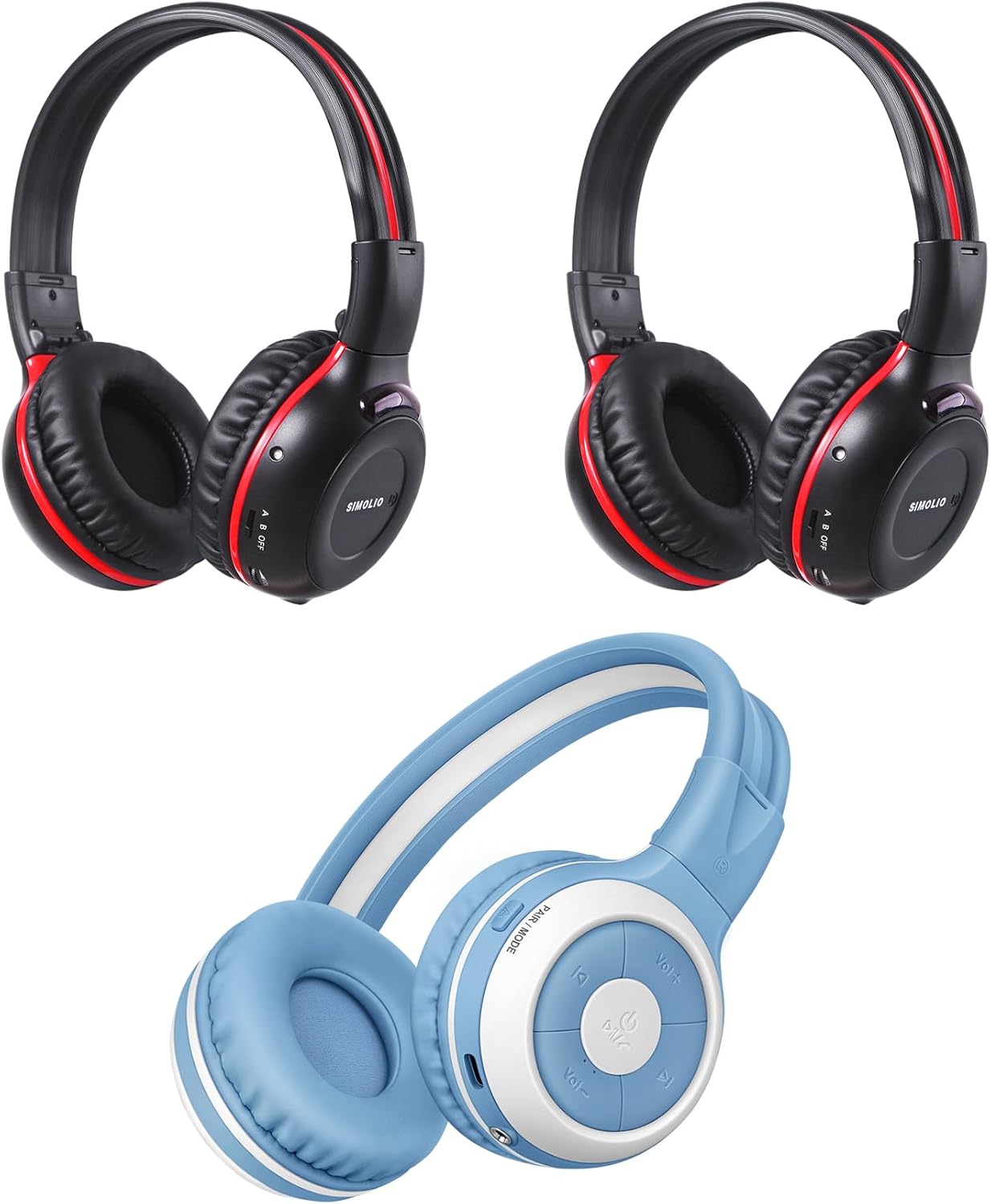 SIMOLIO 2-Channel IR Wireless Car Headphones and AuraCast Wireless Headphones for Kids, Bluetooth Headset with Mic & Sharing for School and Travel, Car DVD Headsets for Universal Entertainment System