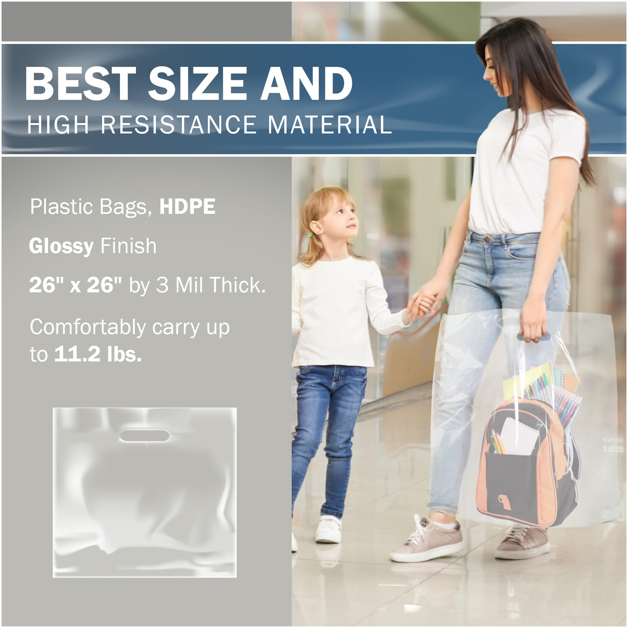 Lot de 50 sacs transparents extra larges et résistants 66 cm x 66 cm x 3 mm d'épaisseur – Plastique brillant parfait pour la vente au détail avec poignées découpées – Idéal pour le shopping, les
