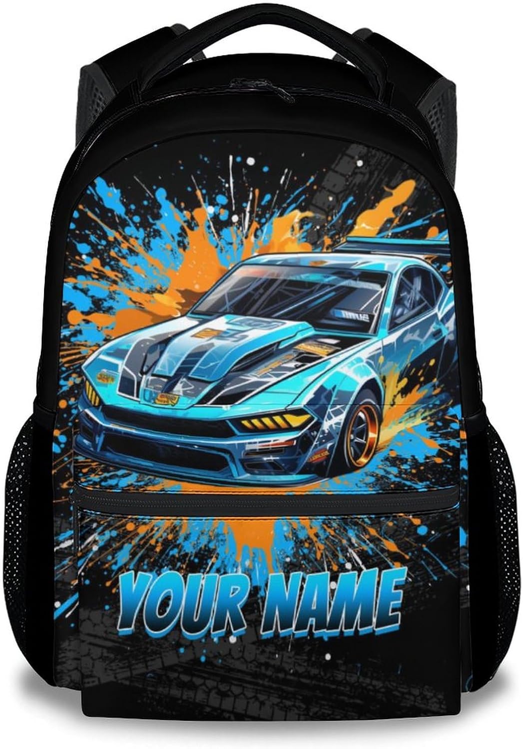 Personalized Backpack for Kids, 17 Inch Cool Car Backpacks for Toddler Boys, Blue Cartoon Race Car Large Capacity Bookbag for Elementary School