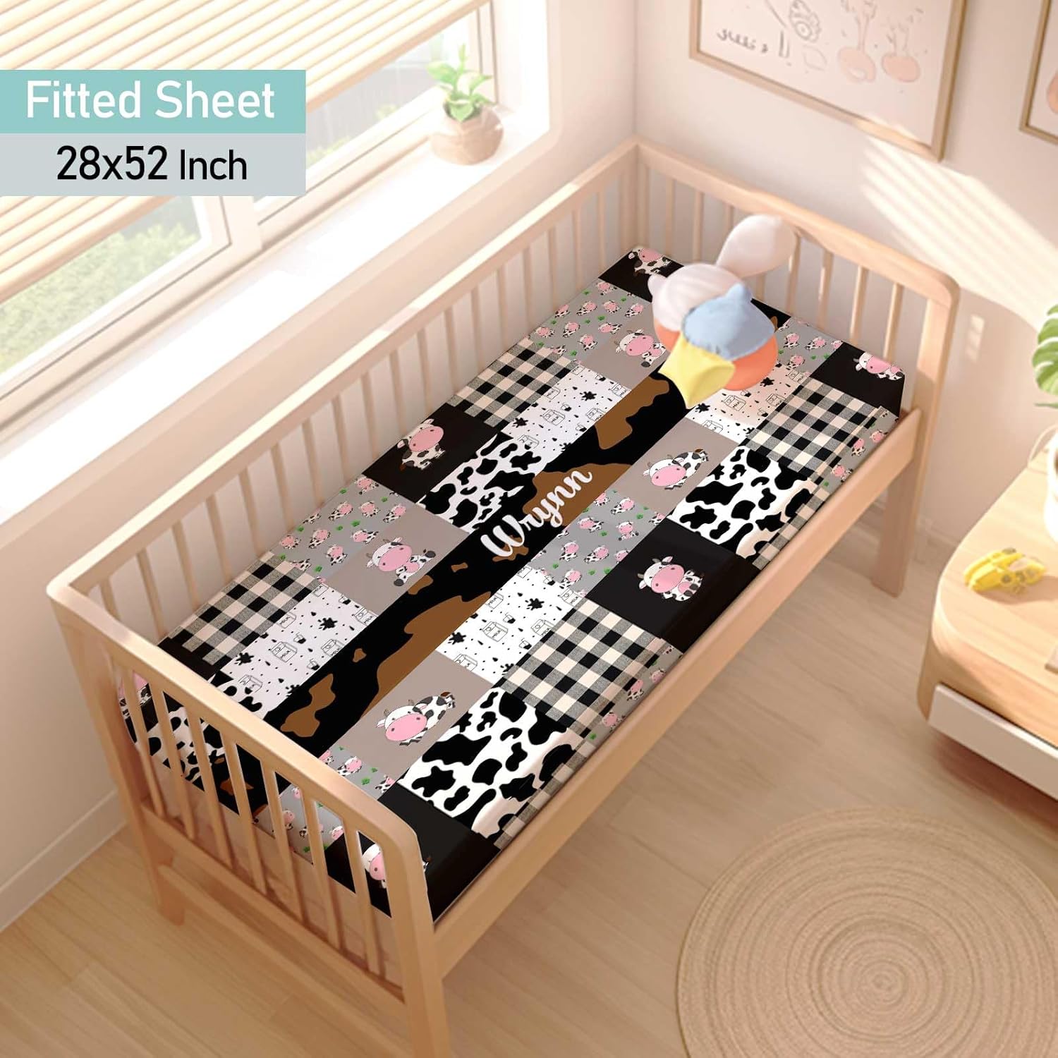 Custom Name Baby Crib Bedding Sets for Boys Girls, 3 Piece Personalized Cute Cow Minky Dot Blanket, Fitted Sheet, Baby Changing Pad Cover