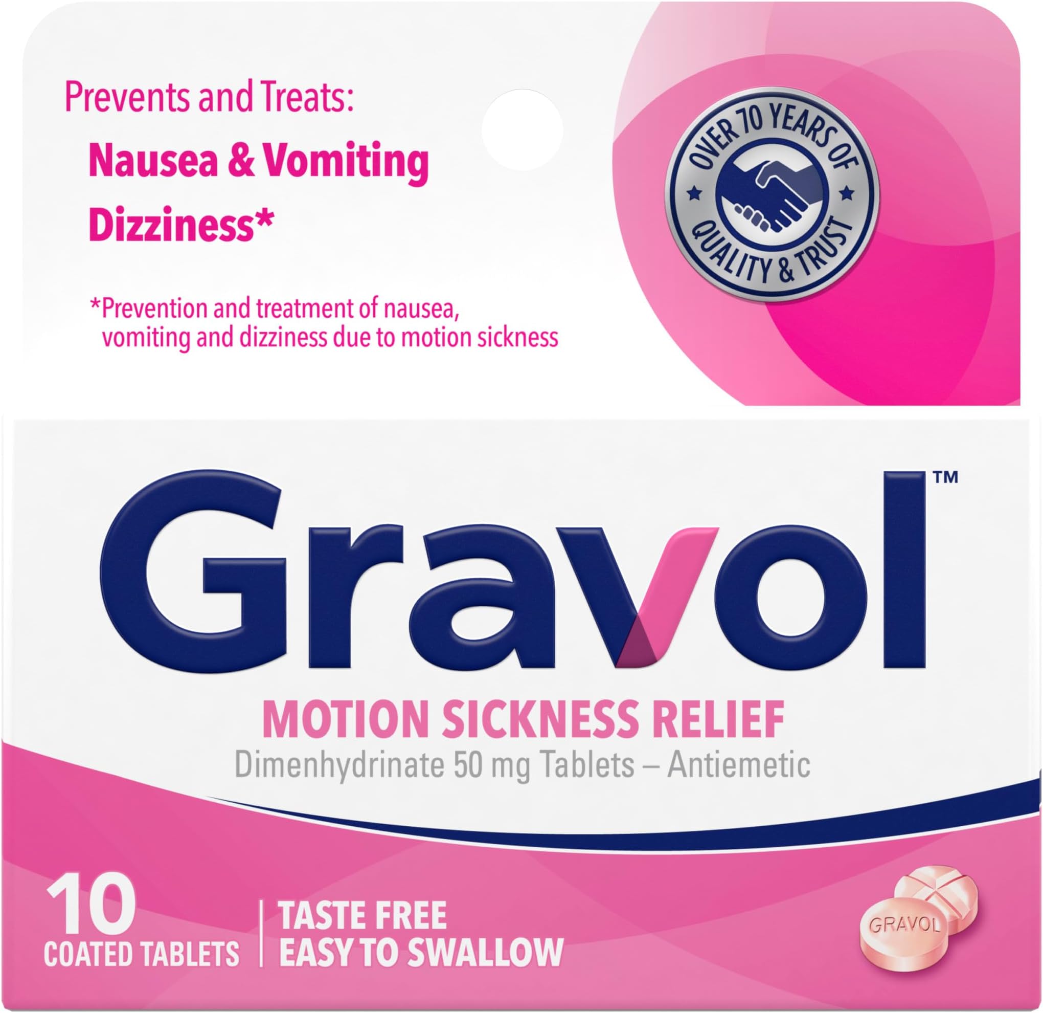 Motion Sickness Relief and Nausea Prevention, 50 mg Coated Tablets, 10 Ct.