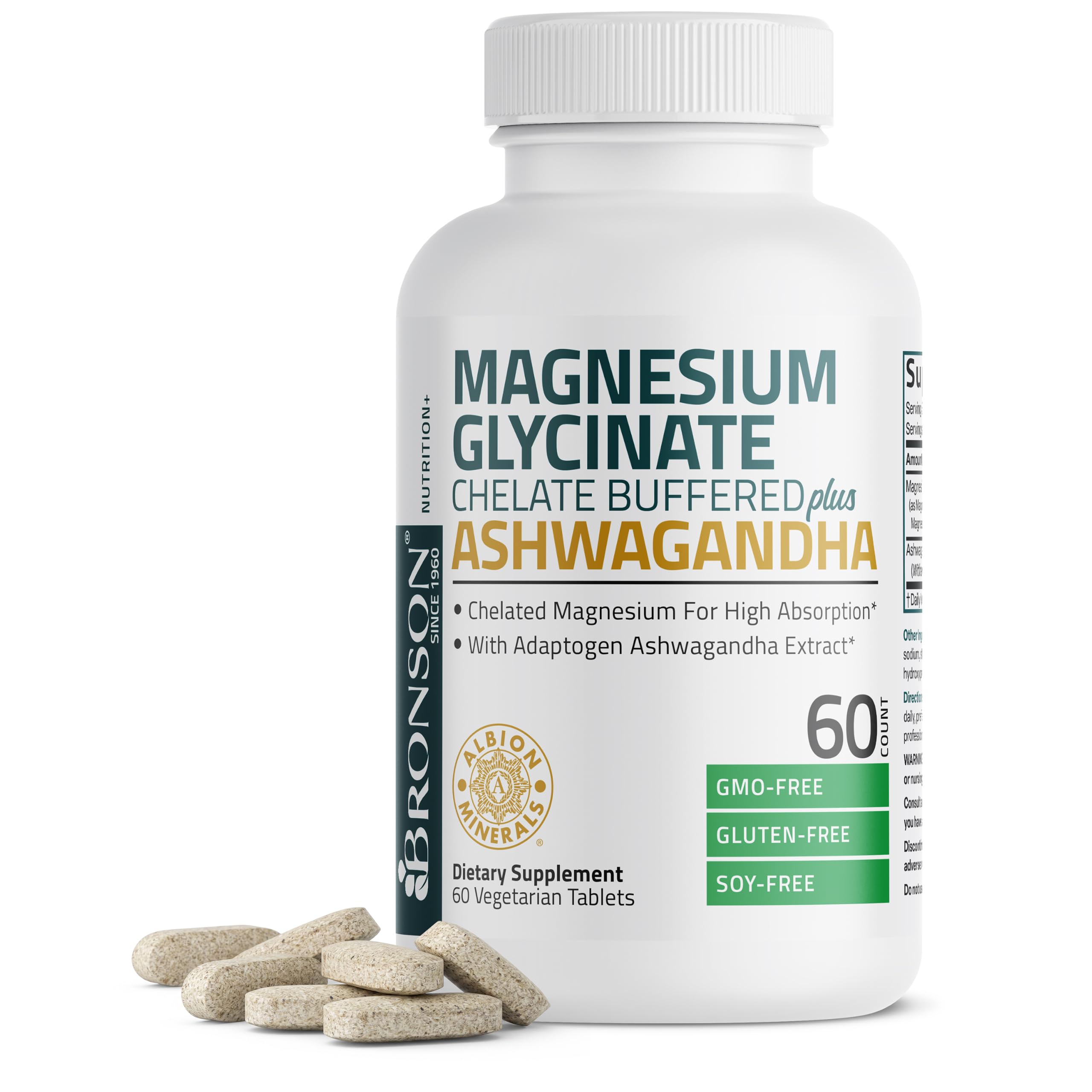 Bronson Magnesium Glycinate Plus Ashwagandha Dietary Supplement 60 Tablets 60 Count (Pack of 1)