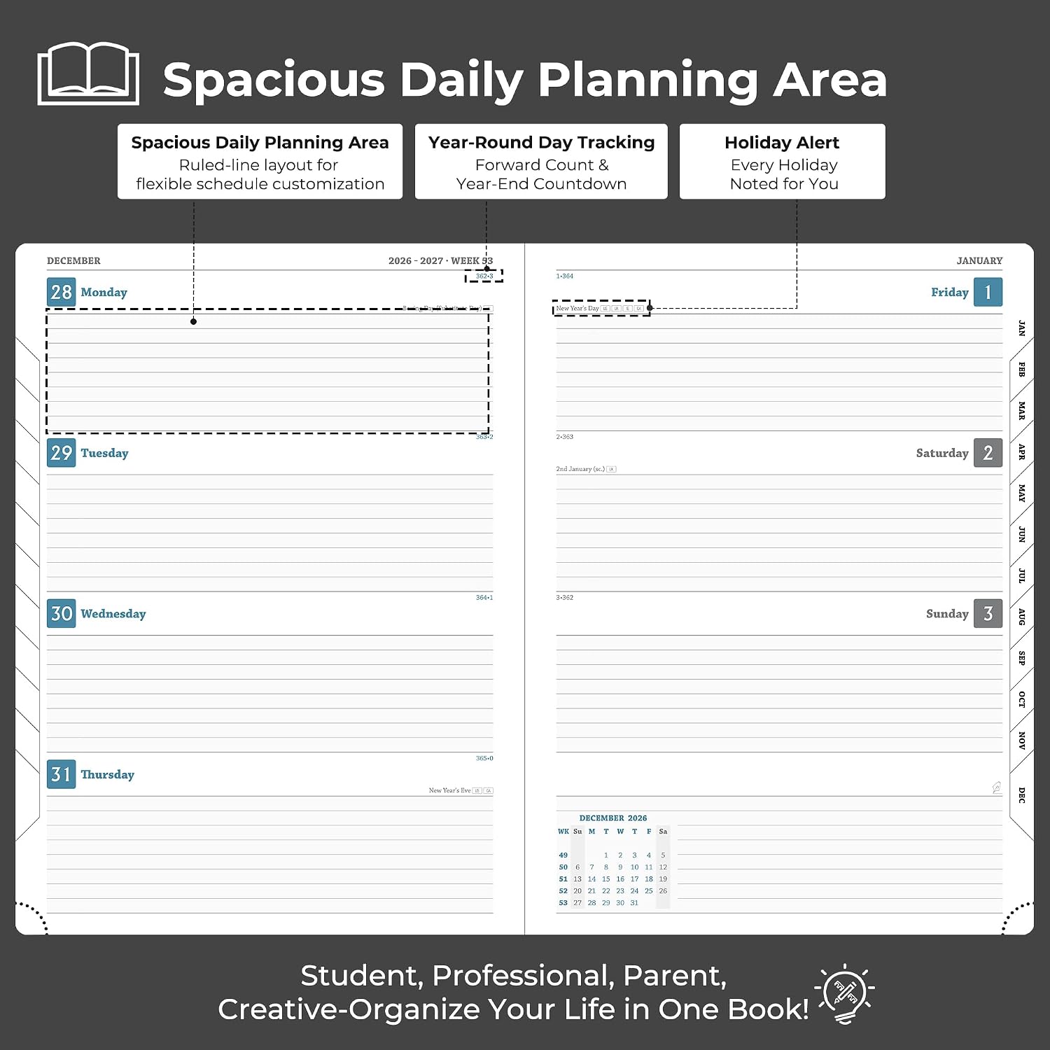 Weekly Monthly 2026-2027 Planner (July 26-Dec 27),11.5"x8.5",18 Months Agenda Plan with Month Tabs & Pocket,Expenses/Note Pages, Academic Calendar with Vegan Leather Cover,Black