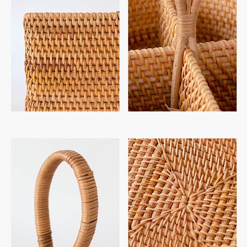 i-lan Set of 2 Rattan Utensil Caddy with Handle (7 Inch) - 4-Section Woven Wicker Silverware Holder for Tea Bags & Condiments, Boho Divided Organizer Basket for Kitchen Countertop, Party & Picnic