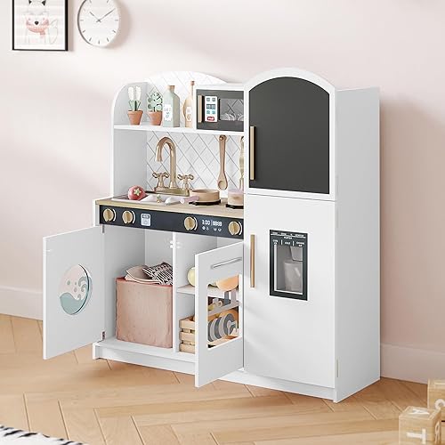 Miniatura 8 de Treocho Juego de juguetes de cocina para niños, cocina de madera con fregadero, horno, microondas, juego de cocina para niños pequeños, niñas y