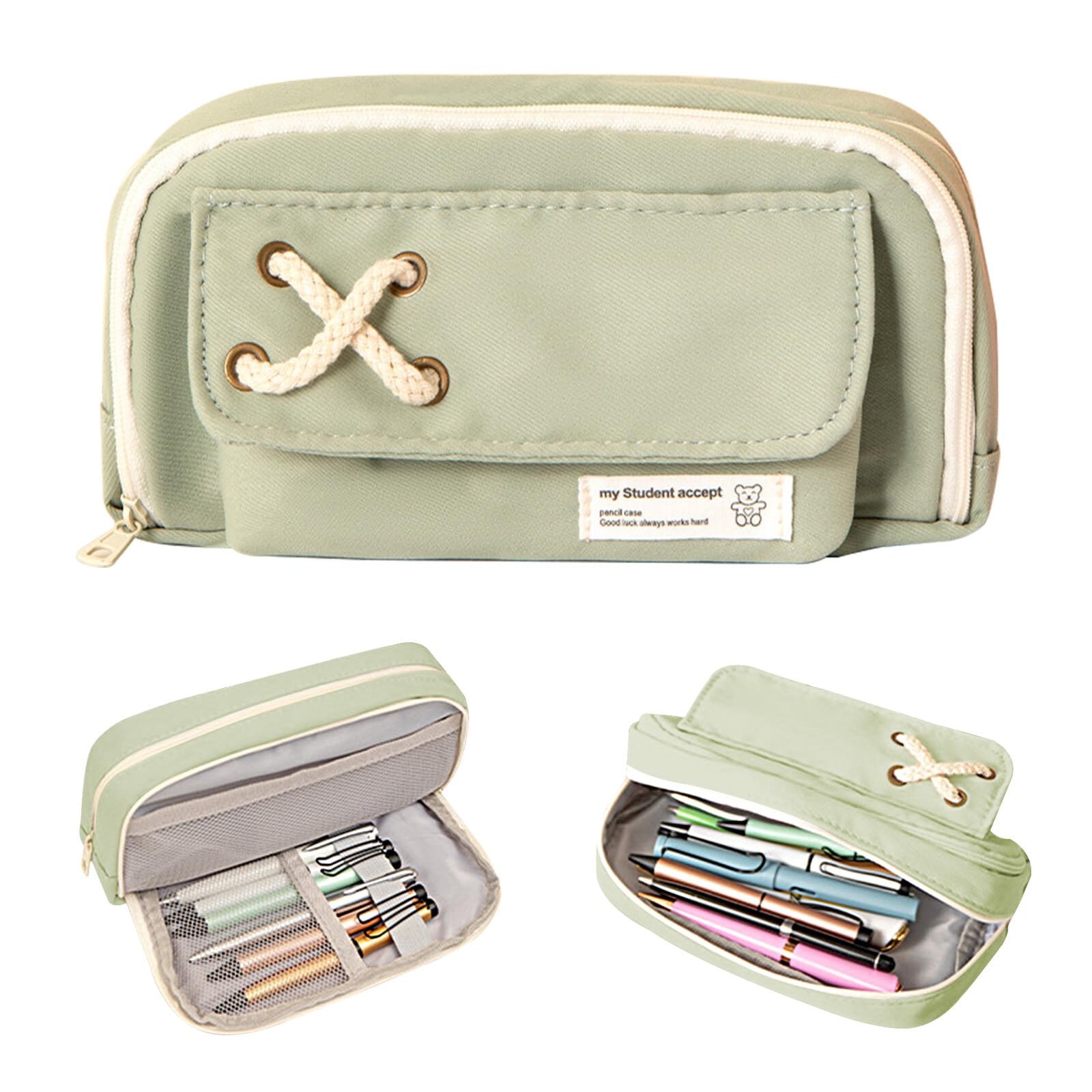 Kytpyi Estuche, Estuche Escolar, 21 * 11.5cm Grande Estuche Escolar 3 Compartimentos con Cremallera para Escuela Universidad Oficina Hogar, Durable Estético Estuche Niña Niño Alumno Adulto(Verde)