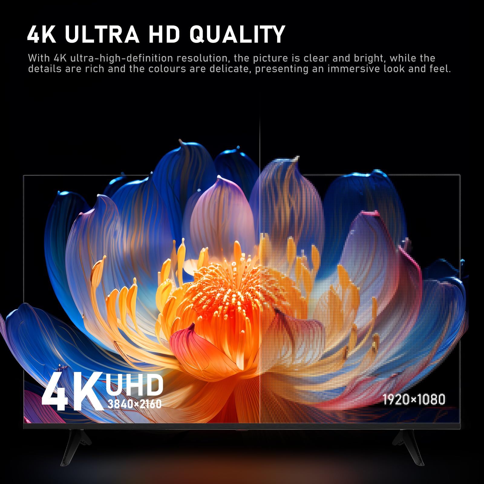 Téléviseur intelligent UHD 4K 55 pouces, rétro-éclairage D-LED, design sans bordures, interface HDMI USB DVB-T2/S2 RJ45, grand écran pour salon, chambre, divertissement à domicile – Noir