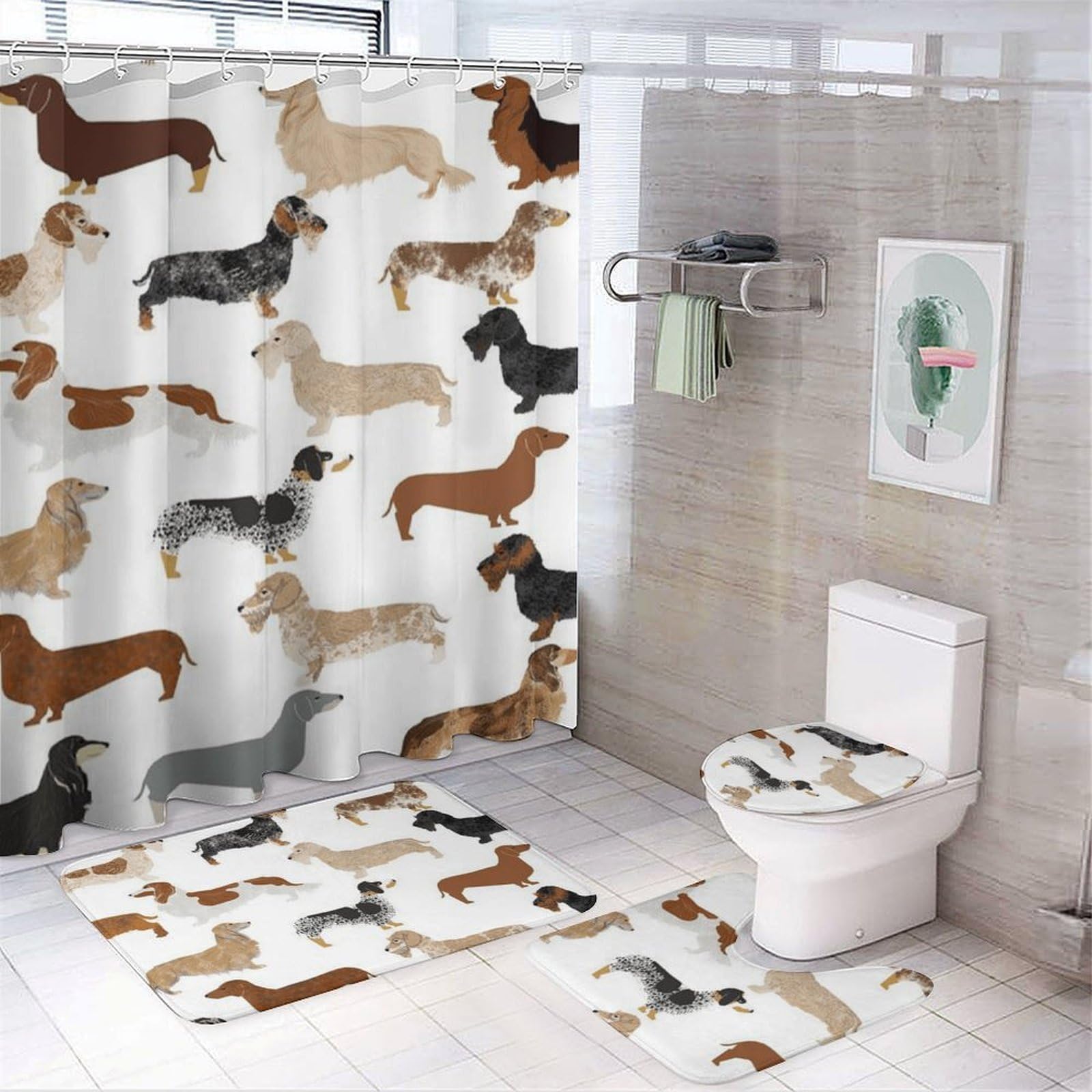 CGSBNGHA Animal Dachshund Dog Shower Curtain Set 4 Piece Bathroom Sets with Rugs Toilet Lid Cover And U-Shaped Floor Mat
