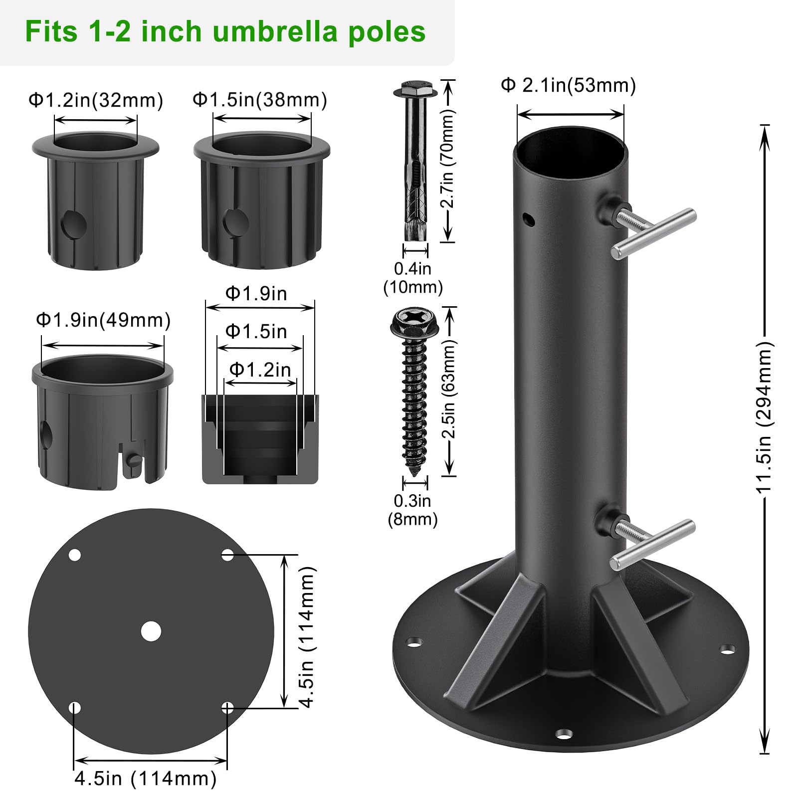 Dolibest Pied Parasol, Support de Tube de Parapluie Base Stable pour Parasol 30cm Hauteur avec 3 Douilles pour Poteaux de 3 à 5cm, Convient Aux Terrasses en BéTon ou Een Bois, Ronde