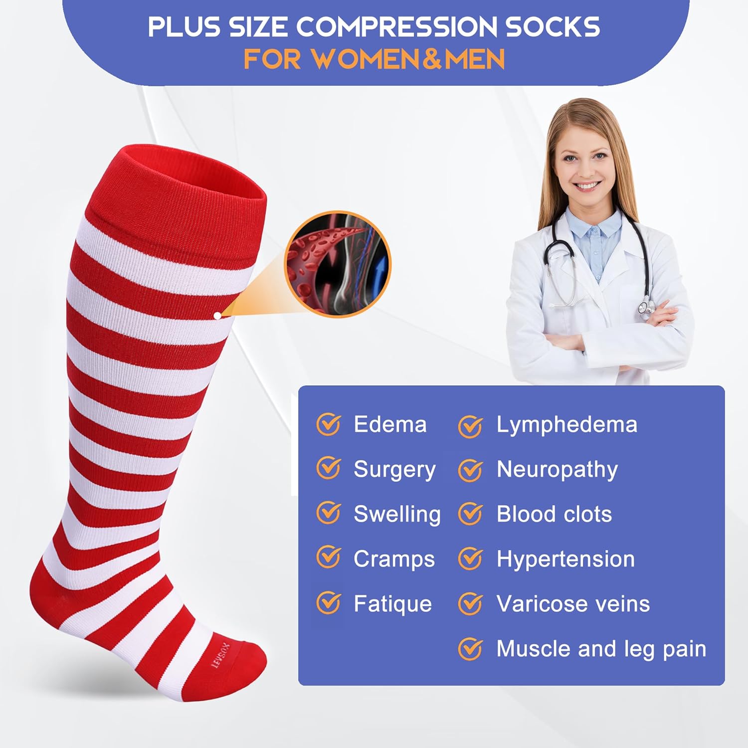 LEVSOX Plus Size Compression Socks for Women Men Wide Calf Extra Large 15-20 mmHg Knee High Sock for Nurses Pregnant Travel - Image 5