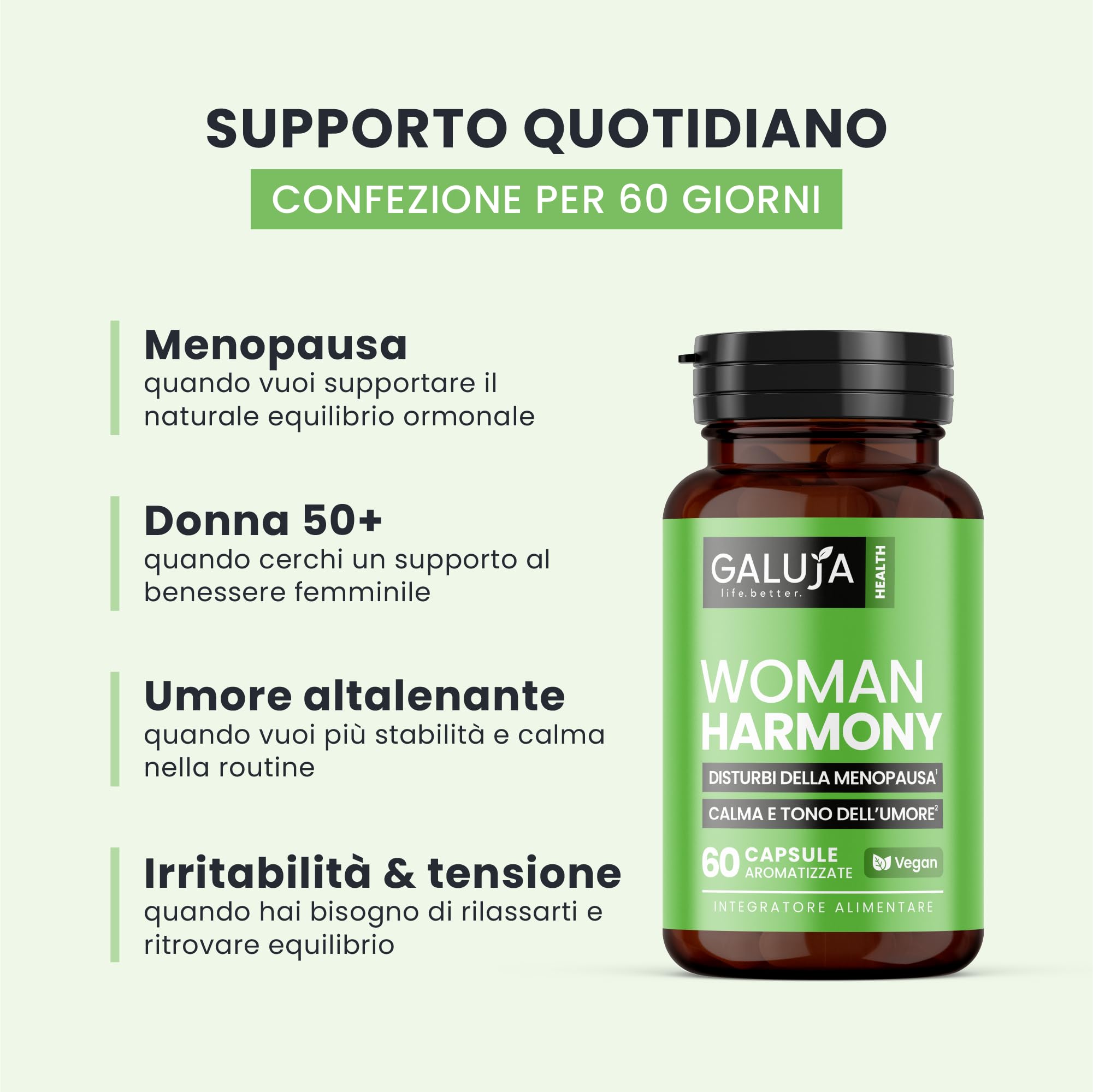 Woman Harmony - Integratore Menopausa & Benessere Femminile - Isoflavoni 80 mg - 30 giorni (60 caps) - Vegan, senza glutine e lattosio, aroma pesca - Melissa + Vitamina B6