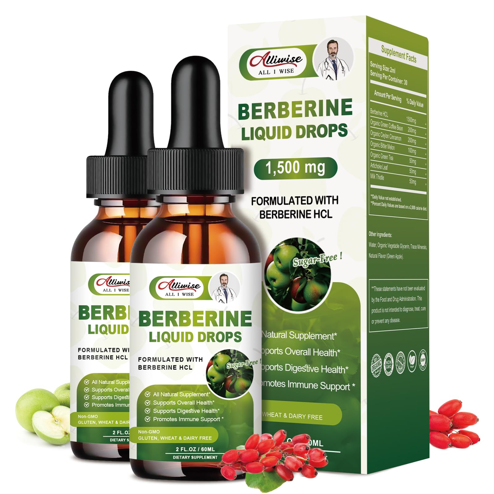 2 Pack Berberine Supplement Liquid Drops for Immune System & Digestive System Supports -Premium Berberine HCL 1500mg with Pure Ceylon Cinnamon -4 Fl Oz