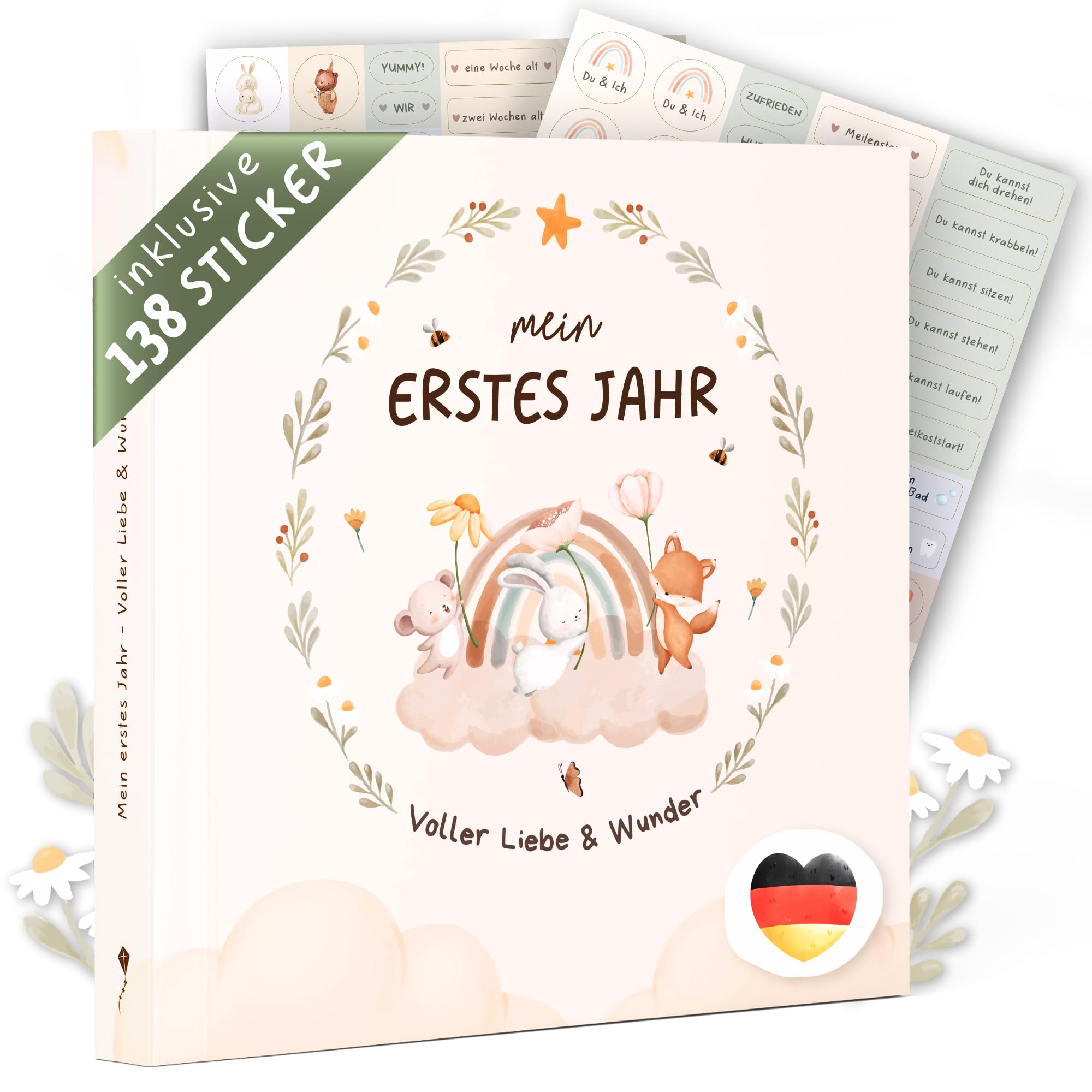GLÜCKSNEST Mein erstes Jahr Babyalbum mit 138 Stickern | Babybuch zum Eintragen mit kreativen Vorlagen | Erinnerungsbuch Baby für Mädchen & Jungen | Babywunsch Liste | Baby Geschenk Geburt