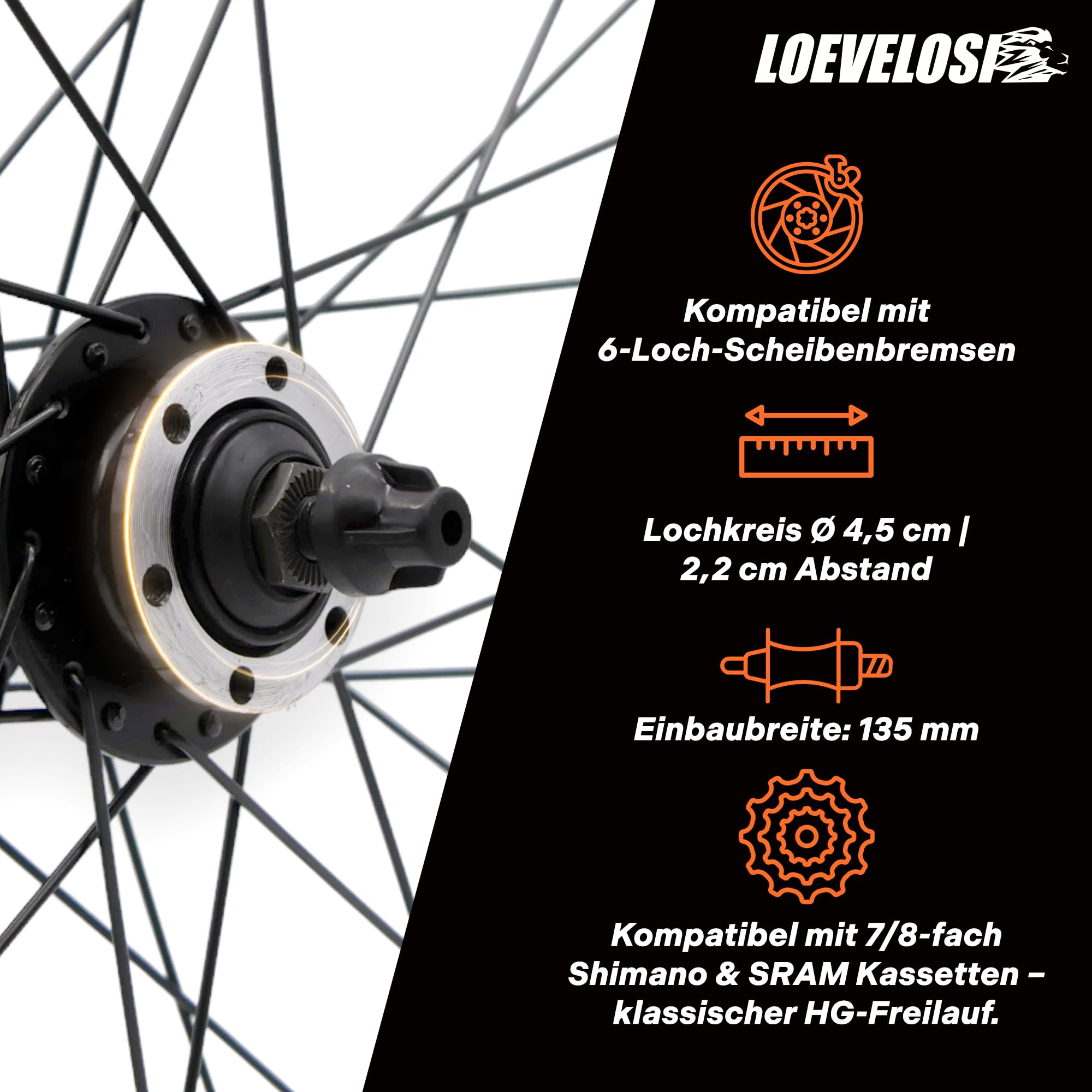 MTB Hinterrad 27,5 Zoll Fahrrad Laufrad - Scheibenbremse 6-Loch - QR 9/10×135 - Schraubkranz 7/8-fach – Alu Felge & Nabe - 36 Speichen - Schwarz - LOEVELOSI