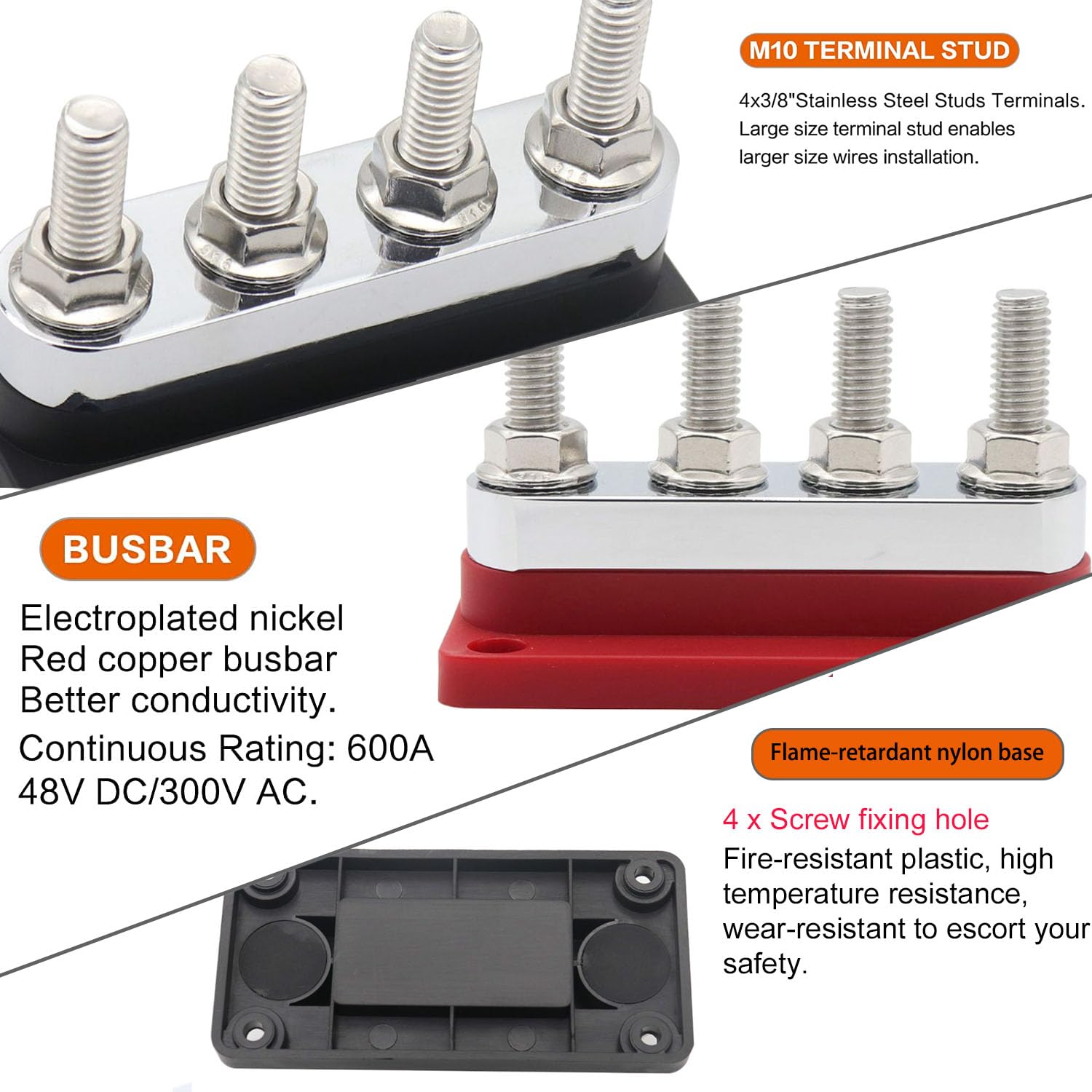 Binari di raccolta in rame 600A Bus Bar, 12V-48V CC Busbar con 4 bulloni M10, blocco di distribuzione dell'alimentazione, batteria resistente per auto, barca marina, camper, colore rosso