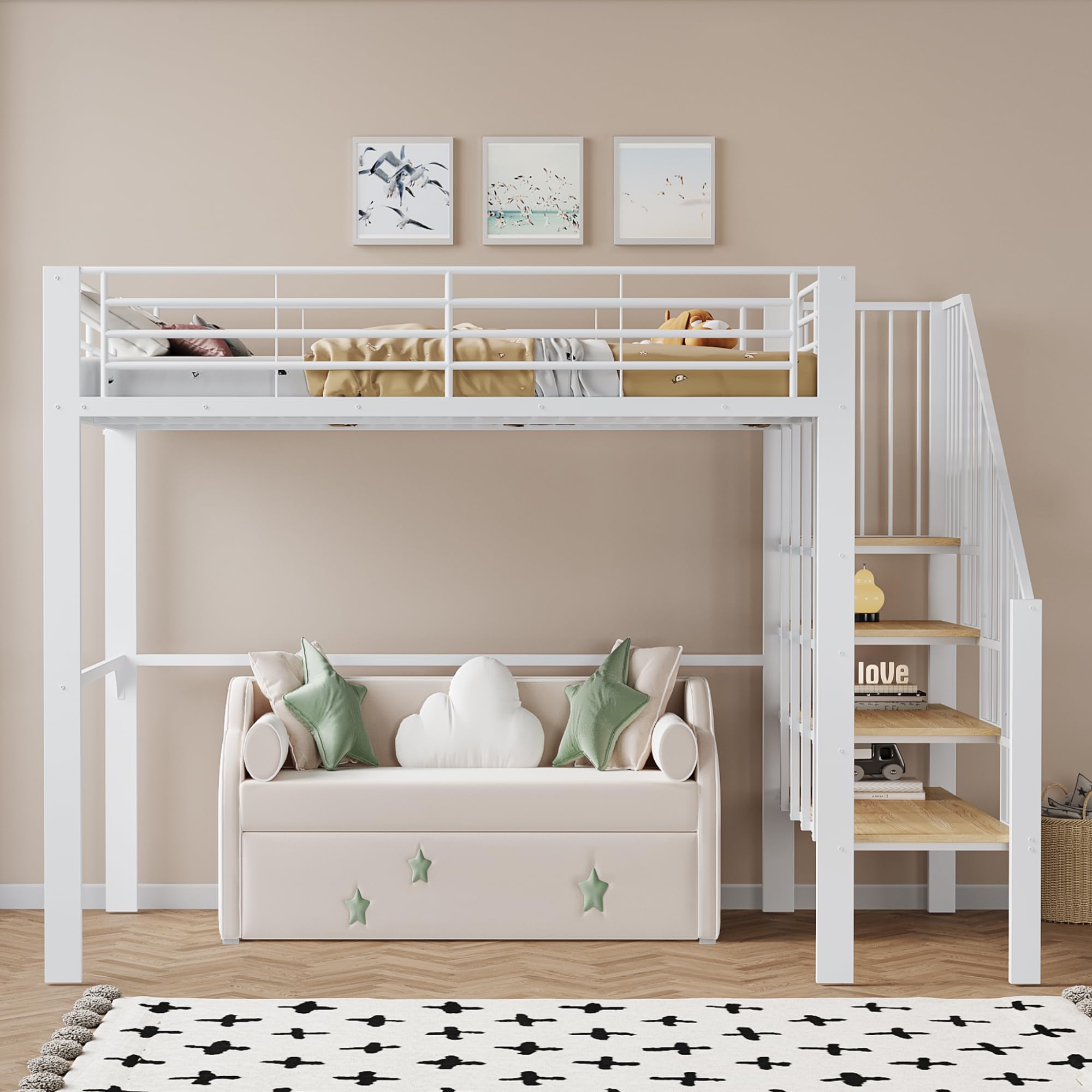 Letto a Soppalco 140x200 cm con Robusta Struttura in Metallo, Letto a Castello per bambini e e Adulti, Letto Multiuso con ampio spazio di stivaggio sotto il, Letto Bambini con Scala e Ringhiere