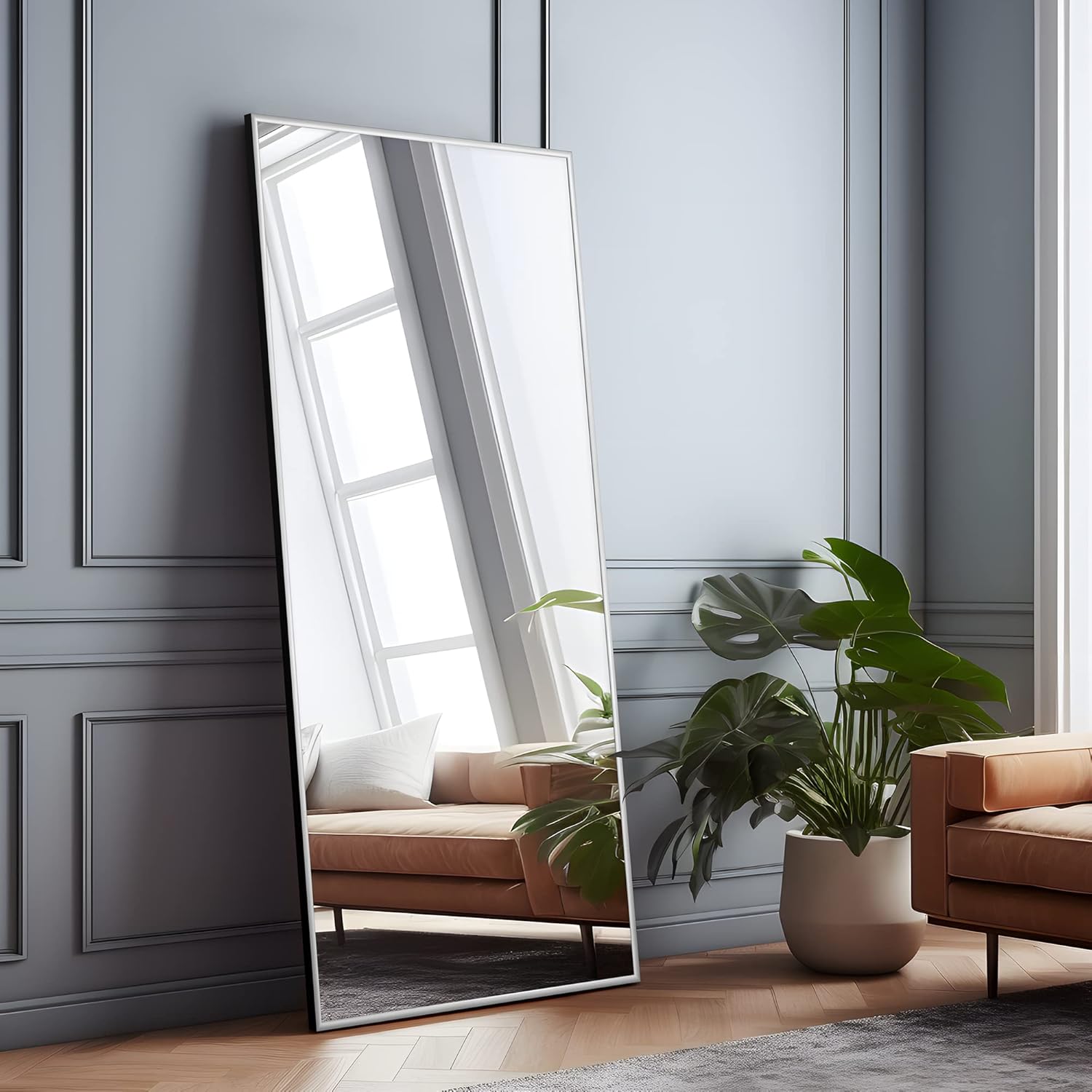 neutype full length mirror standing hanging or leaning against wall, large rectangle bedroom mirror floor mirror dressing mirror wall-mounted mirror, aluminum alloy thin frame, silver, 63"x20"