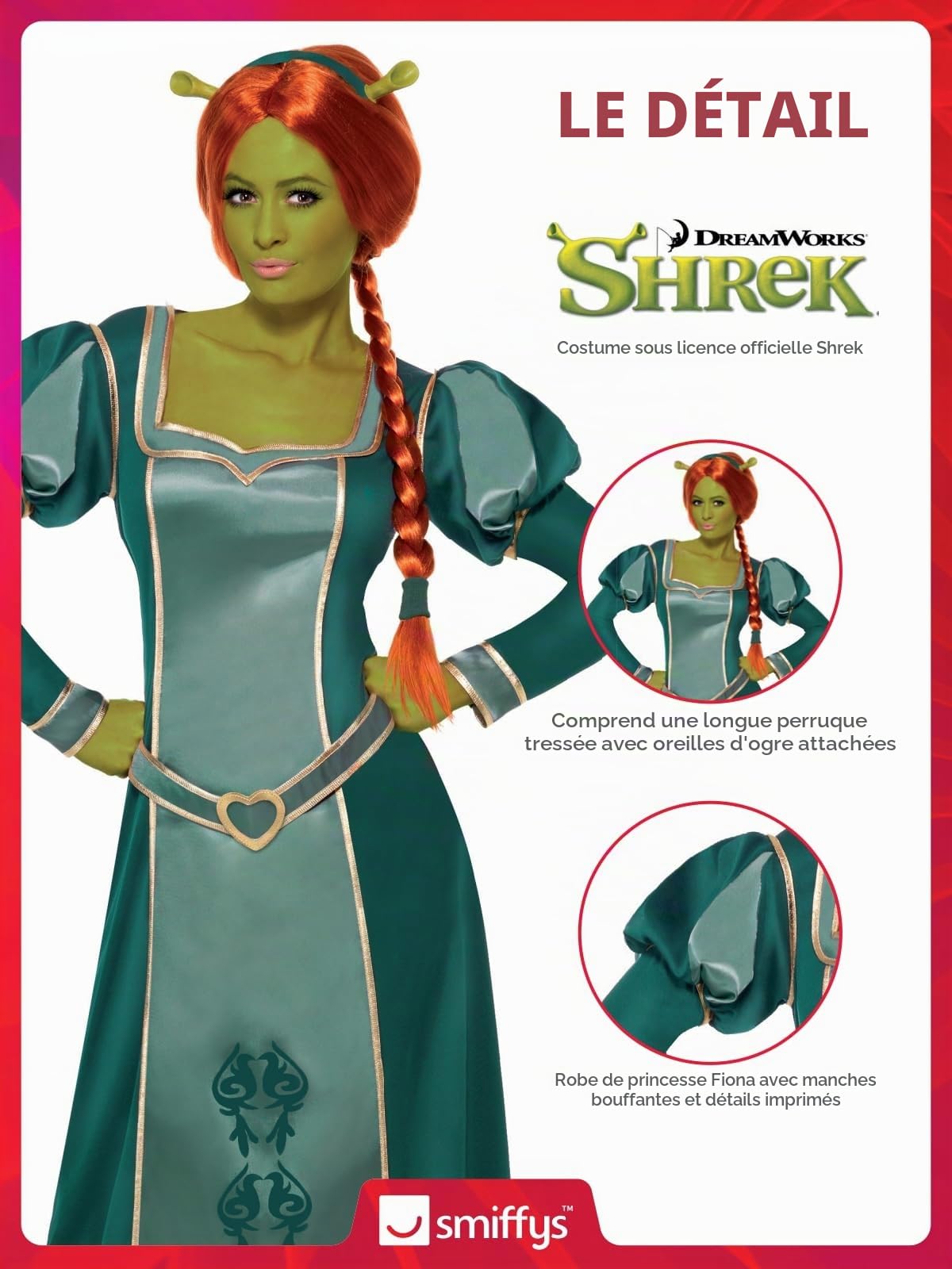 Smiffys Costume Shrek Fiona, vert avec robe, perruque et bandeau, déguisement sous licence officielle Shrek, déguisement pour adulte