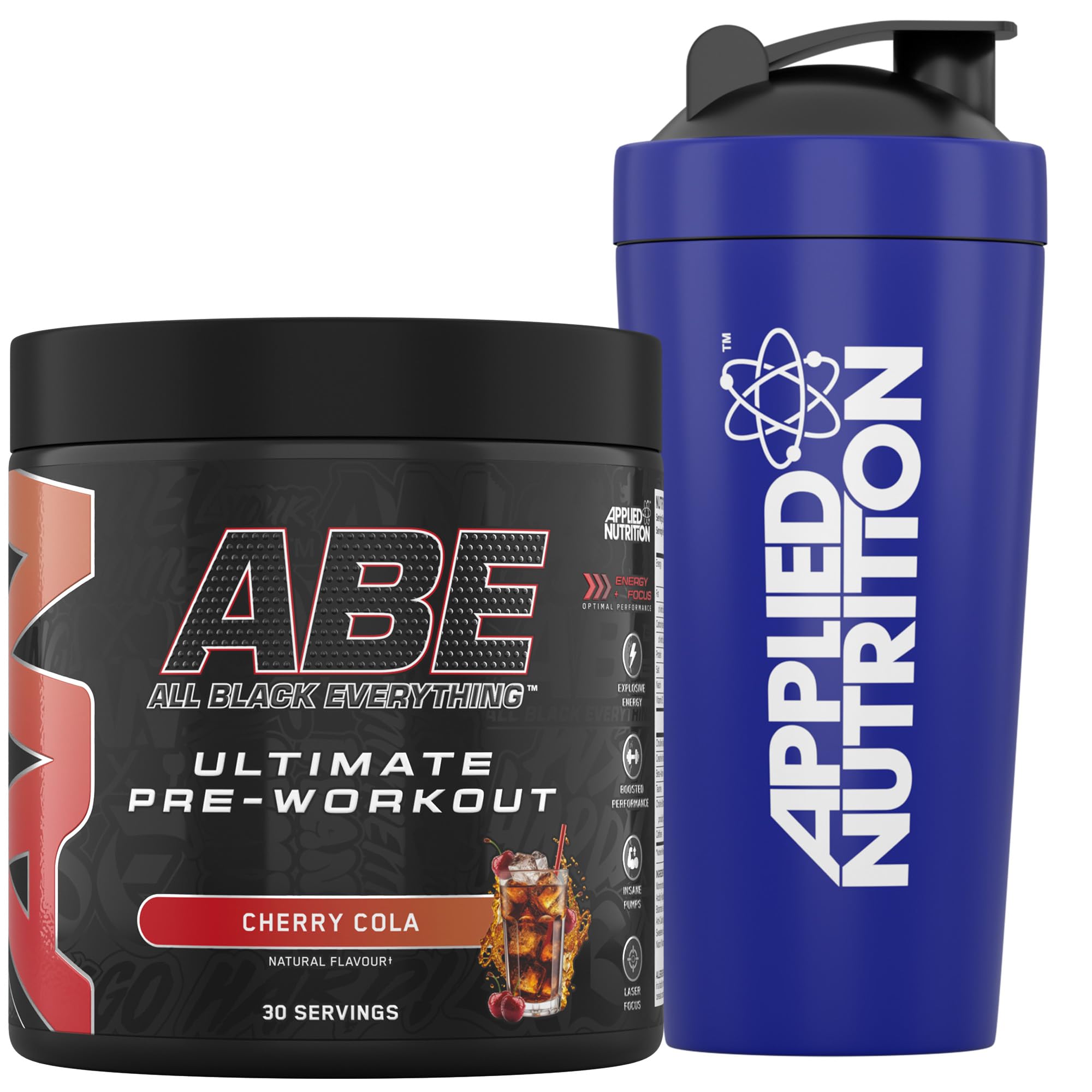 Bundle ABE Pre Workout 375g + 750ml Steel Protein Shaker | All Black Everything Pre Workout Powder, Energy & Physical Performance With Creatine, Beta Alanine (Cherry Cola)