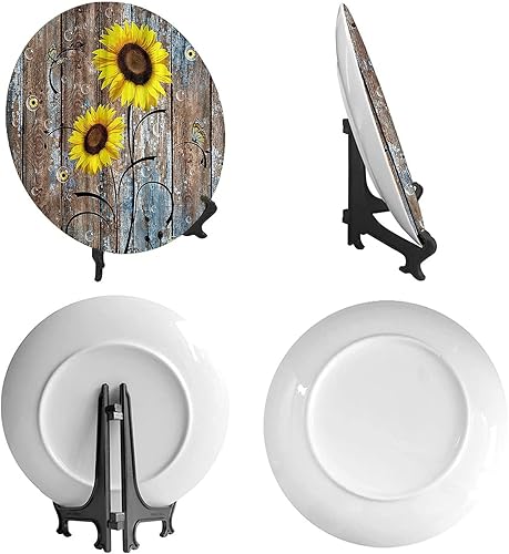 Miniatura 2 de ASDWX Platos decorativos de pared de girasol, 10 pulgadas, flores amarillas rústicas en puerta de granero marrón en casa de campo en otoño, plato