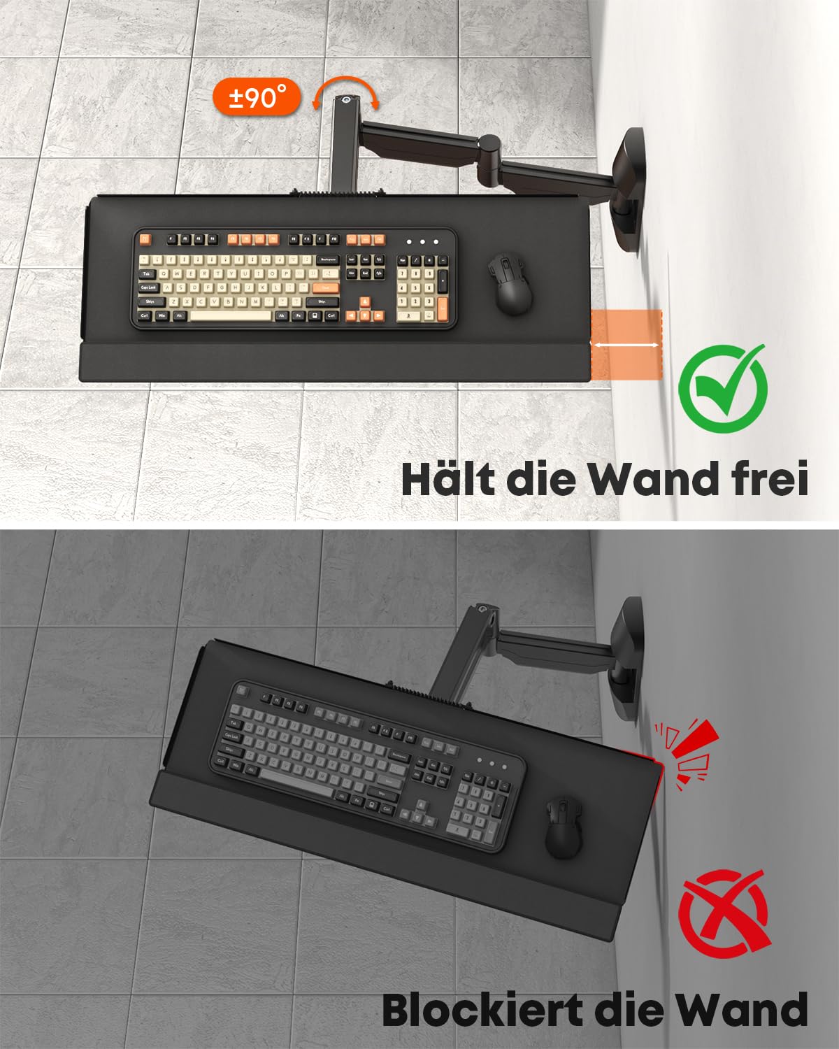 Extra Langes Wandhalterung Tastaturablage 65,4cm – Vollbewegliche Schreibplattform mit Gasfederarm, Schwenkbar & Höhenverstellbar, Tragfähigkeit bis 9 kg, Schwarz