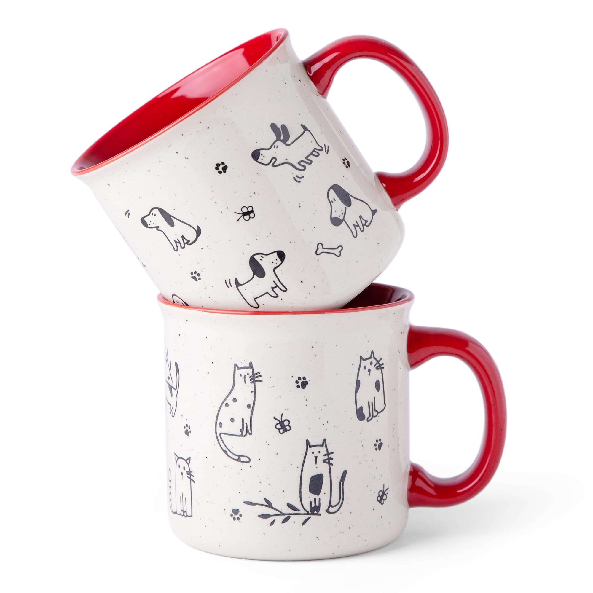 AmorArc 22 OZ Large Ceramic Coffee Mugs Set of 2, Oversized Mugs With Big Handle for Men Women Dad Mom, Big Mug With Textured Dogs Cats Patterns for Office & Home -Microwave Safe, 2 Pcs-Red