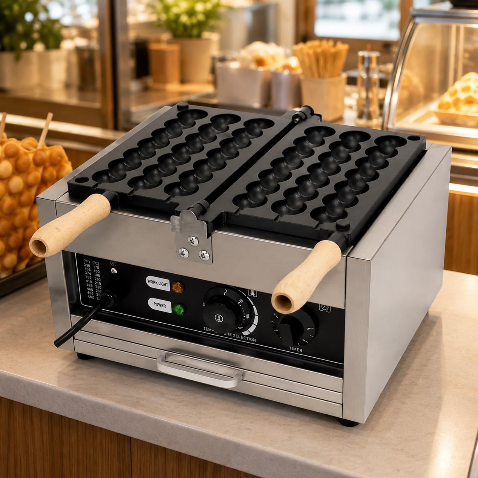 Macchina Professionale Per Waffle Su Stecco Tipo Bubble Waffle, Piastra In Acciaio Inox Antiaderente A 3 Scomparti, Design Girevole A 180°, Timer 0-5 Minuti, Per Bar, Snack Bar E Ristoranti