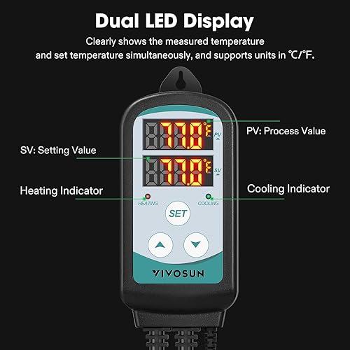 Miniatura 6 de VIVOSUN Controlador digital de temperatura de 1500 W, termostato de salida de 2 etapas modo de calefacción y refrigeración, termostato con pantalla