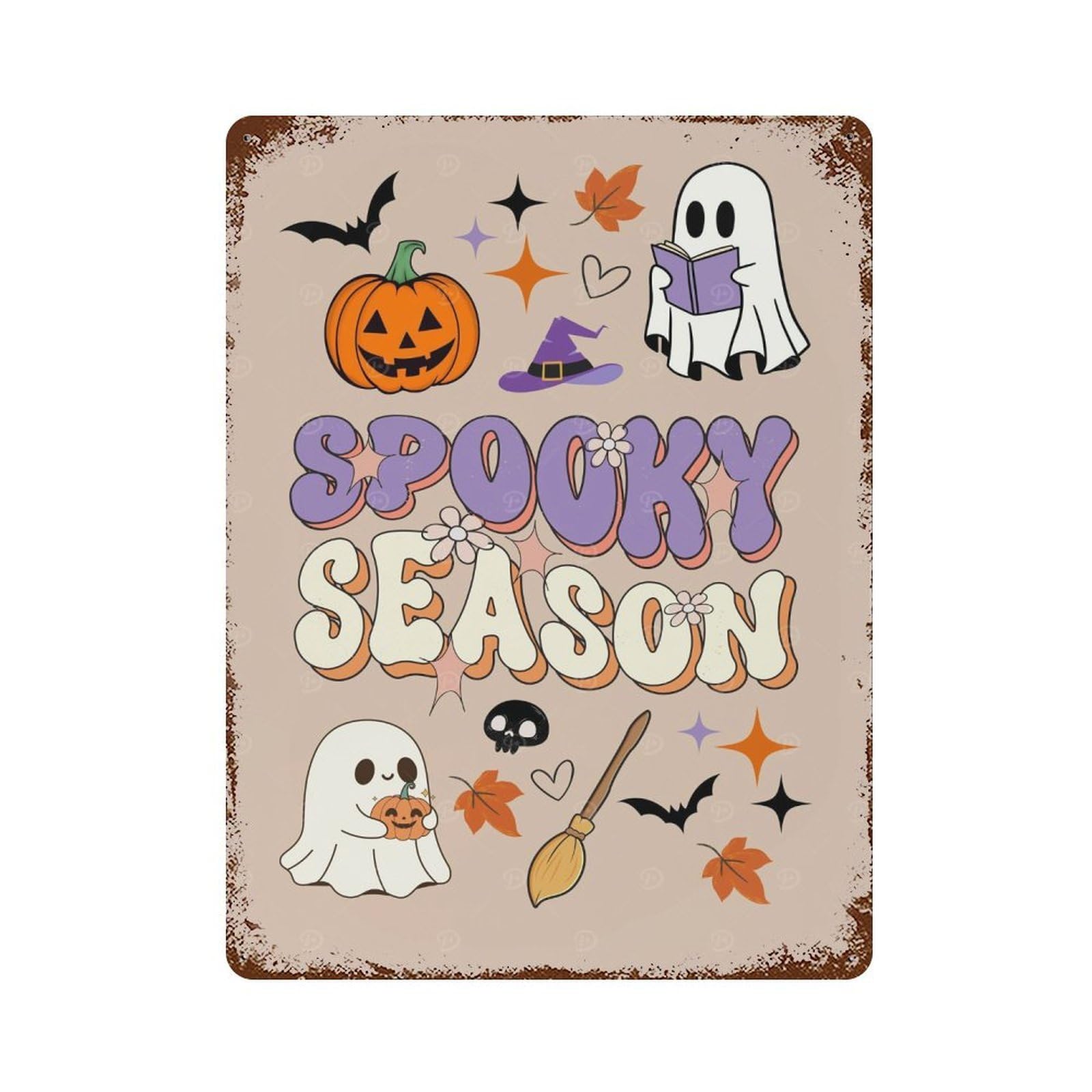 Rust Effect Spooky Season Book Ghost Rusty Metal Tin Sign 15.7"x11.8", Old School Wall Decor for Basement, Hobby Room And Garage Decor