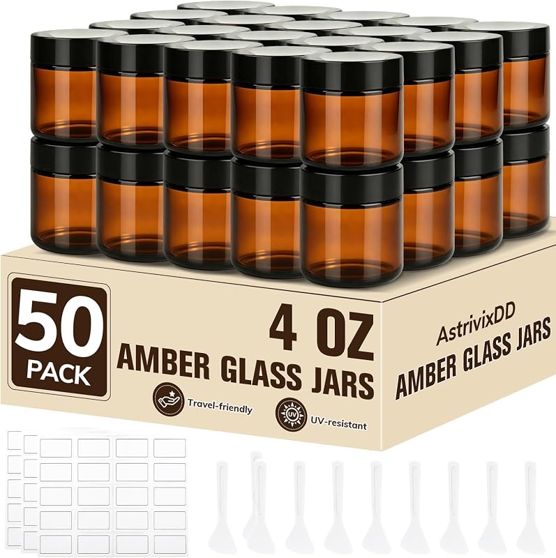 AstrivixDD Pacote com 50 frascos de vidro âmbar de 120 mL com tampas, 40 etiquetas e 10 espátulas