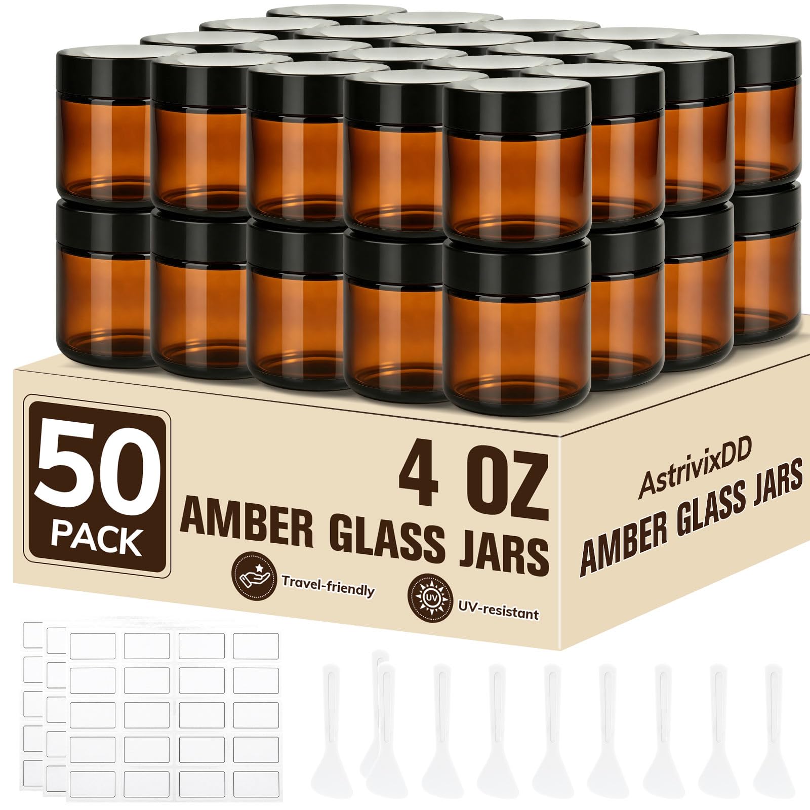 50 Pcs 4 oz Glass Jars with Lids,Amber,with 40 Labels &amp; 10 Spatulas