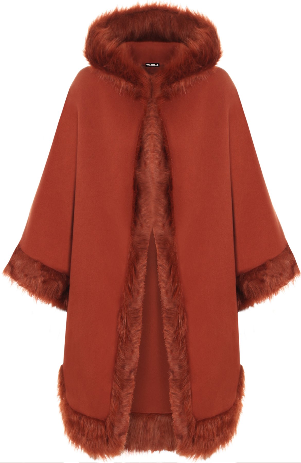 Wearall Women's Rust Plain Faux Fur Trim Hood Cape Shawl Cloak Poncho Coat Top - One Size