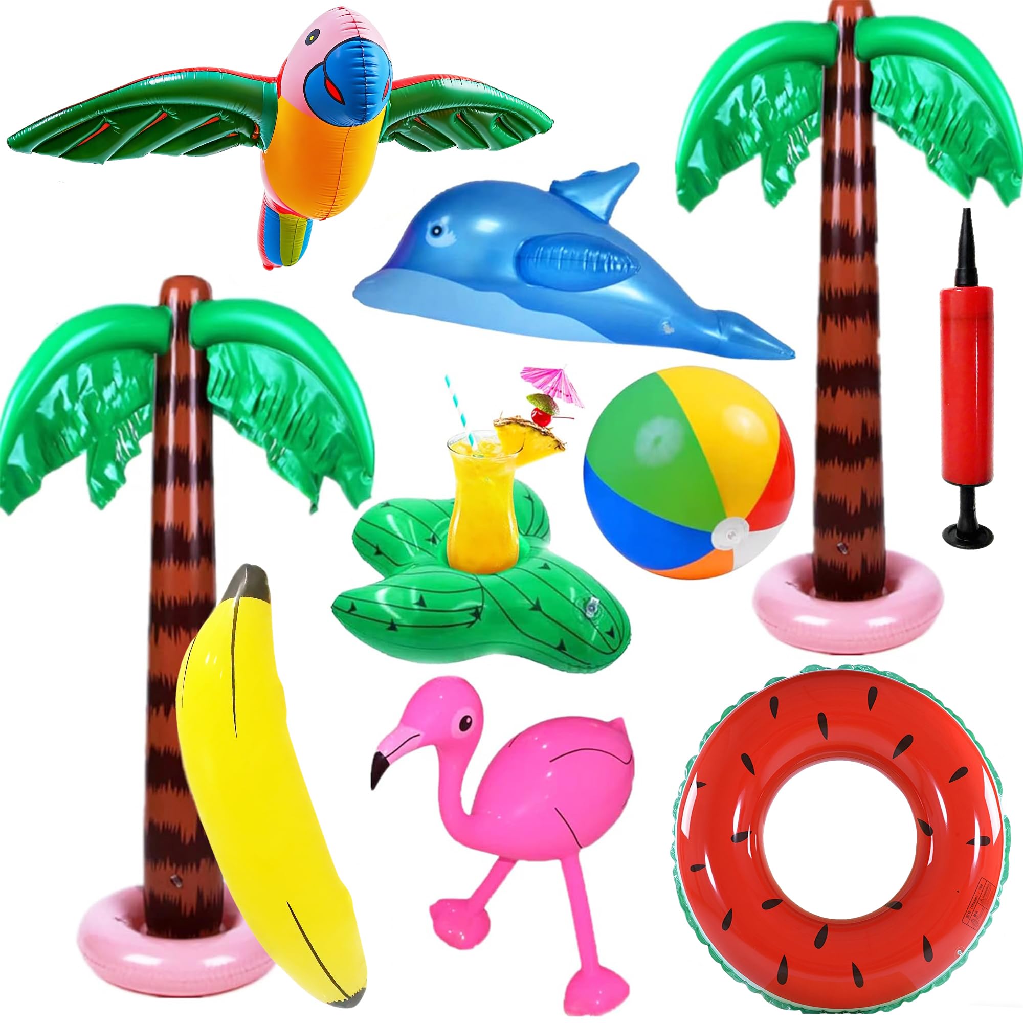Yetech 9PCS Palmiers Gonflables Flamingo Jouets ,Gonflable Banane Balles De Plage Volant Perroquet Dauphin,90CM Pastèque Anneau de Natation Gonflable,la Toile de Fond de Plage de décor de fête