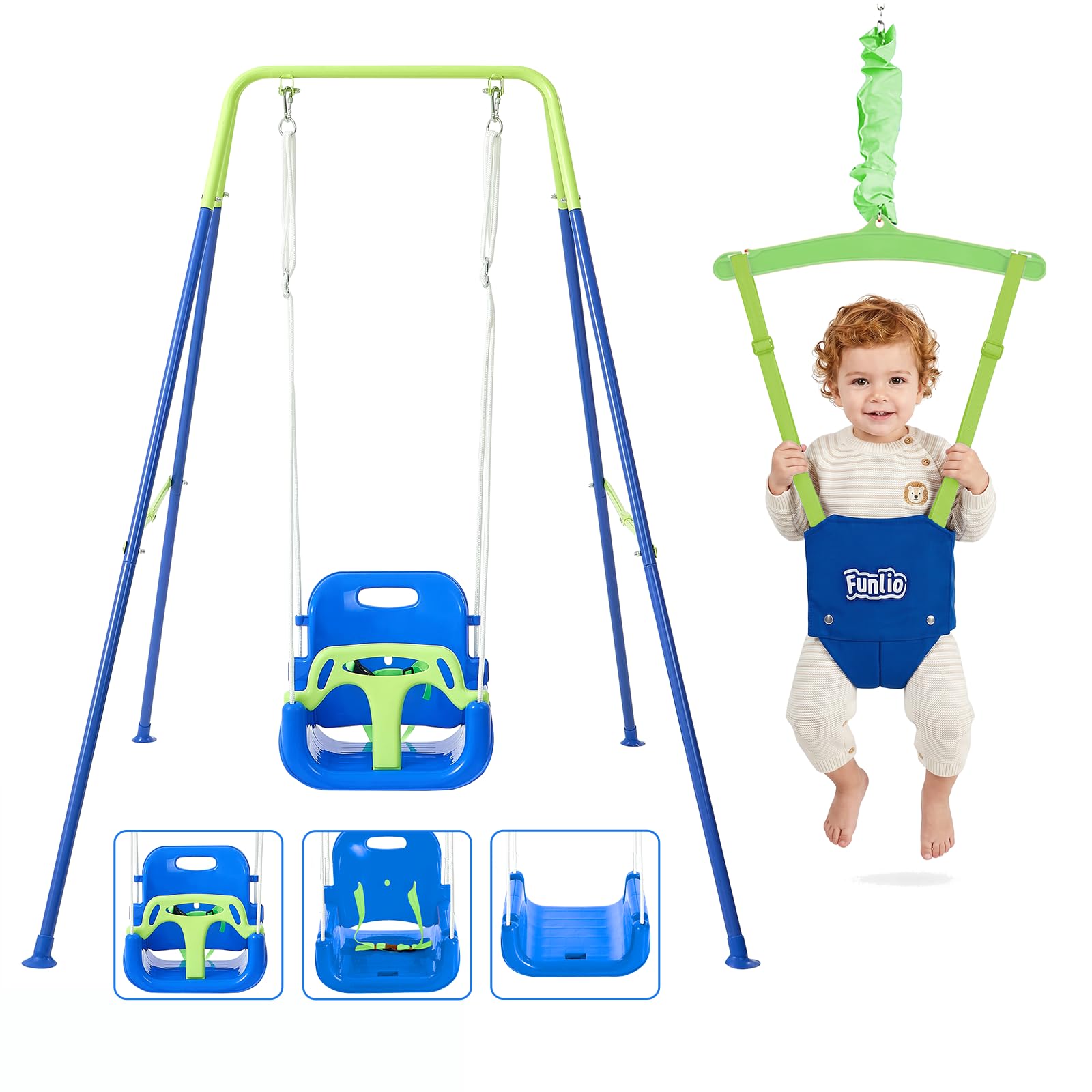 FUNLIO 2 in 1 Swing Set for Toddler &amp; Baby Jumper, Heavy Duty Kids Swing &amp; Bouncer with 4 Sandbags, Foldable Metal Stand for Indoor/Outdoor Play, Easy to Assemble and Store - Bluegreen