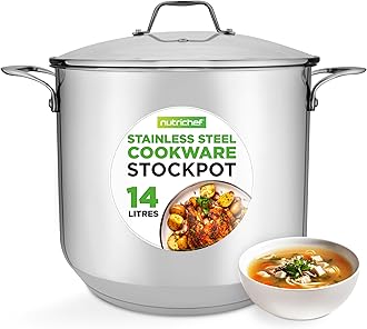 NutriChef Large Stainless Steel Stock Pot with Lid - Big Soup Pot, Heavy Cooking Pot with Glass Lid - Stew Pot, Cookware Induction Pot, Mirror Finish Stockpot, Deep Casserole Pot, 15-Qt/14.2 Litre