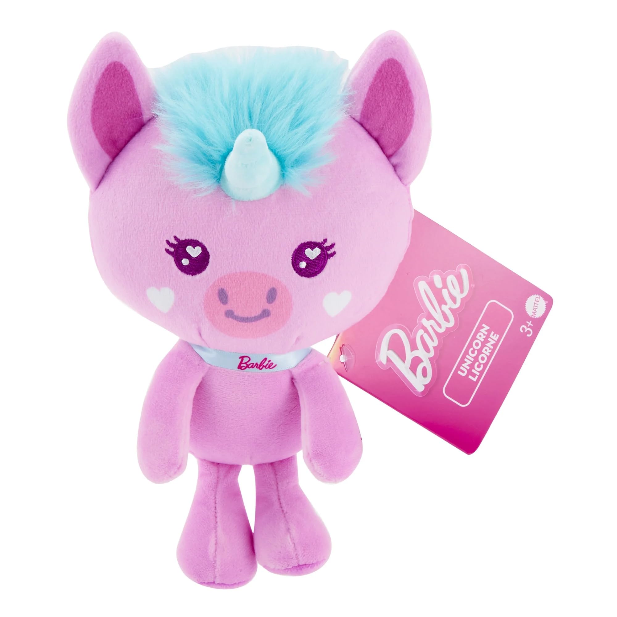 Barbie Plüschtier, 17,8 cm, rosa Haustier-Einhorn, Plüschtier mit Glitzerhalsband
