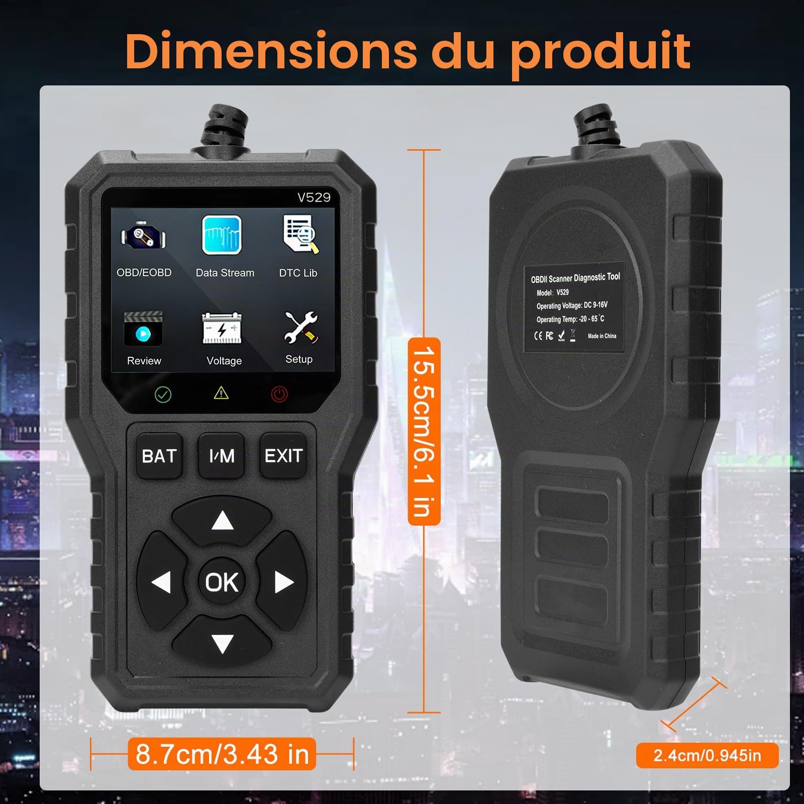 Appareil de Diagnostic OBD2 Universel pour Voiture et Moto - Lecteur de Code de Défaut avec Écran Couleur HD, Surveillance de Batterie - Outil de Diagnostic Complet pour Véhicules 12V
