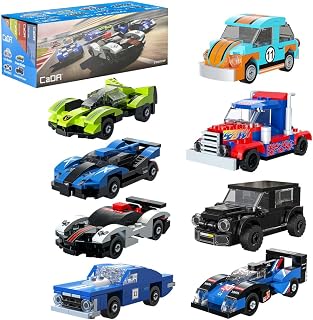 CaDA C55110W 8 Pack Mini Classic Cars Building Set, 545PCS Q-Style Cute Car Building Blocks Kit, 8-in-1 Collectible Vehicle Set for Kids Teens Adults, Easy Build Pull & Play Toy Cars