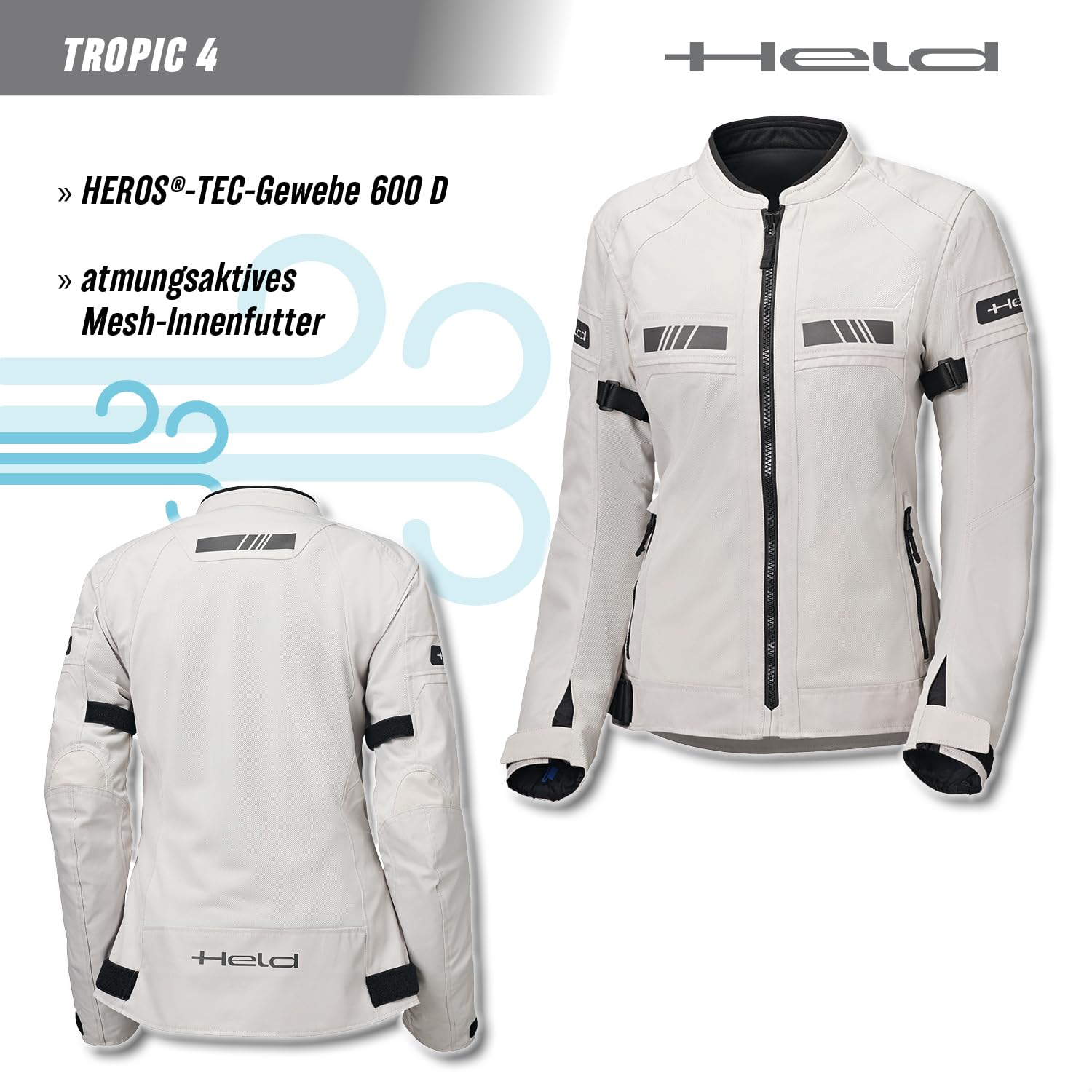 Held Tropic 4 Top Sommer Motorrad Jacke Damen - Sportliche und Luftige Mesh Sommerjacke - Leichte Motorradjacke mit Protektoren D3o Ghost Level 1 - CE Schutzklasse A, Grau, Größe 3XL