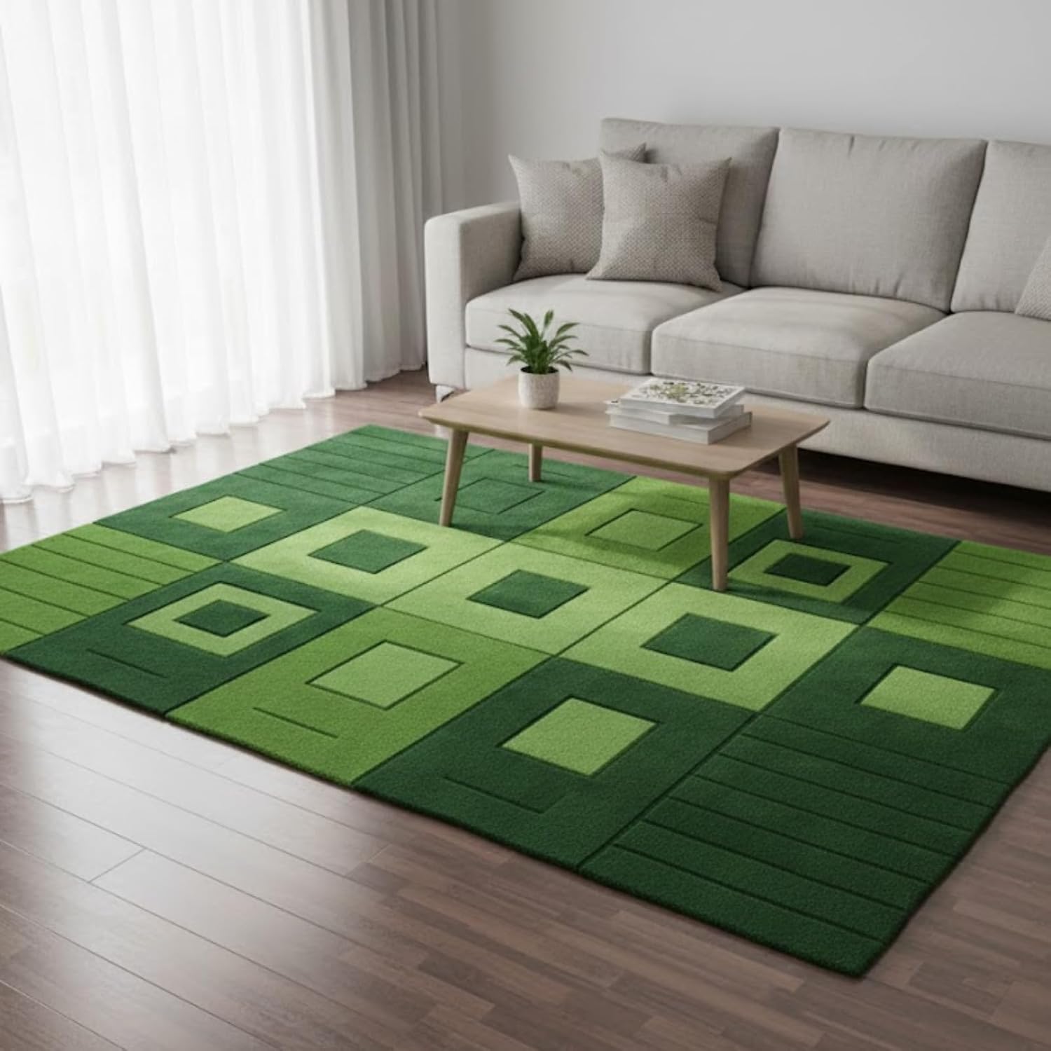 Handmade Hand-Tufted New Zealand Wool Area Rug | Modern Geometric Square Pattern Carpet | Premium Soft Wool Handcrafted Vintage Oriental Style Floor Rug for Home Decor (7x8 Feet)