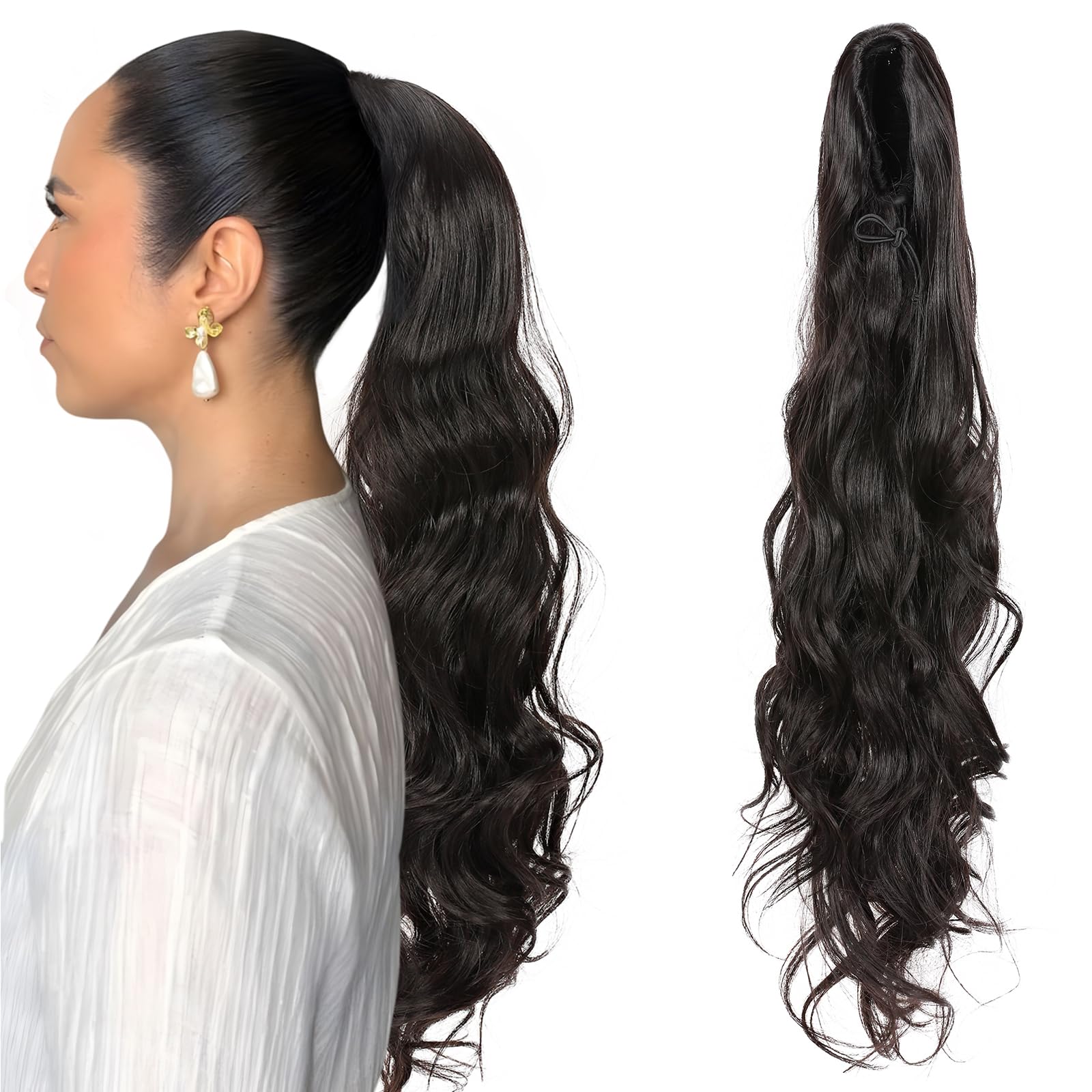 TESS Wavy Ponytail Extension, Drawstring Clip in Ponytail Hair Extensions, Long Hair Extensions, 24 Inches 160g, Natural Black