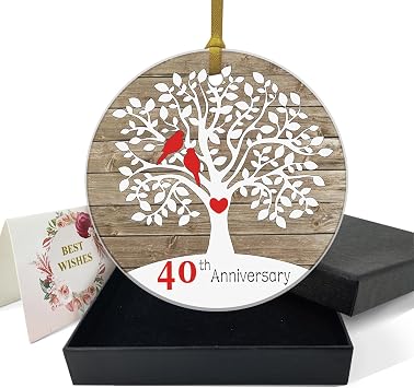 REWIDPARTY 40th Wedding Anniversary Ornament 40th Anniversary Tree Gifts Happy 40th Anniversary Keepsake Married Anniversary for Couple Gifts 3" Circle Ceramic Ornament with Gold Ribbon & Gift Box