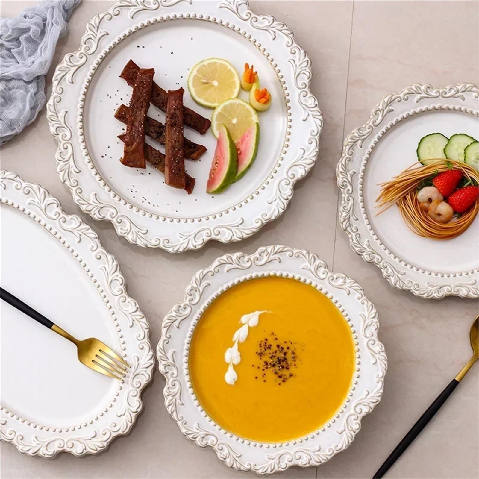 SAeWare Set da tavola in ceramica vintage goffrata stile palazzo piatto da tavola in ceramica piatti da tavola cucina occidentale zuppa set di ciotole, tazza e piatto da 200 ml