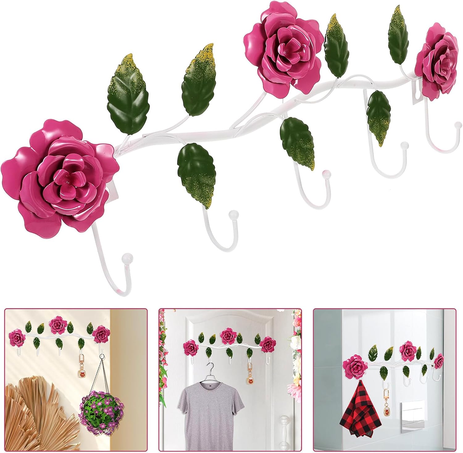 Rose Shape Wall Hanging Hook Rack, Iron Decorative Purse Hanger with Pink Floral Design, Vintage Closet Door Organizer for Keys, Coats, Towels in Entryway and Bathroom