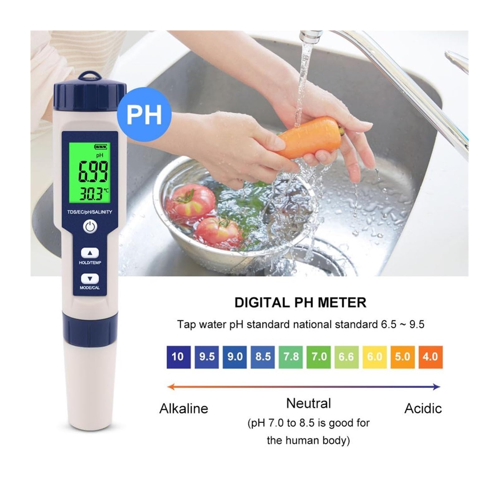 Tester Digitale for monitoraggio della qualità dell'Acqua, TDS/EC/PH/salinità/Temperatura 5 in 1 for Piscine, Acqua Potabile, acquari(PH EC TDS Salt Temp)