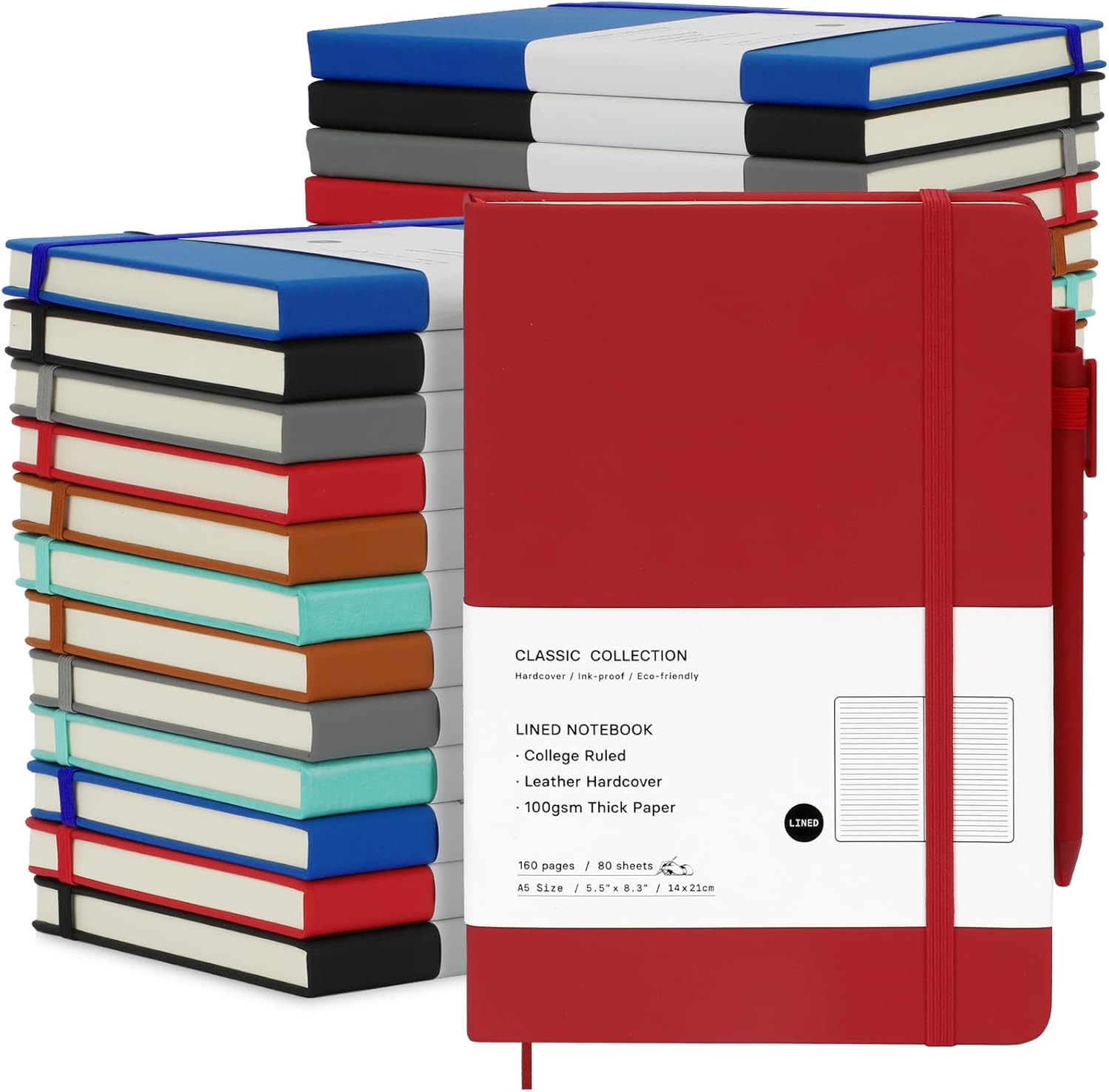 Coopay 24 Pack A5 Journal Notebook with 24 Pens Bulk Classic Ruled Hardcover Leather Journal Set with Pen Holder for Men Women Writing, Office, Home, School, College, Business, 8.3” x 5.5” (6 Colors)