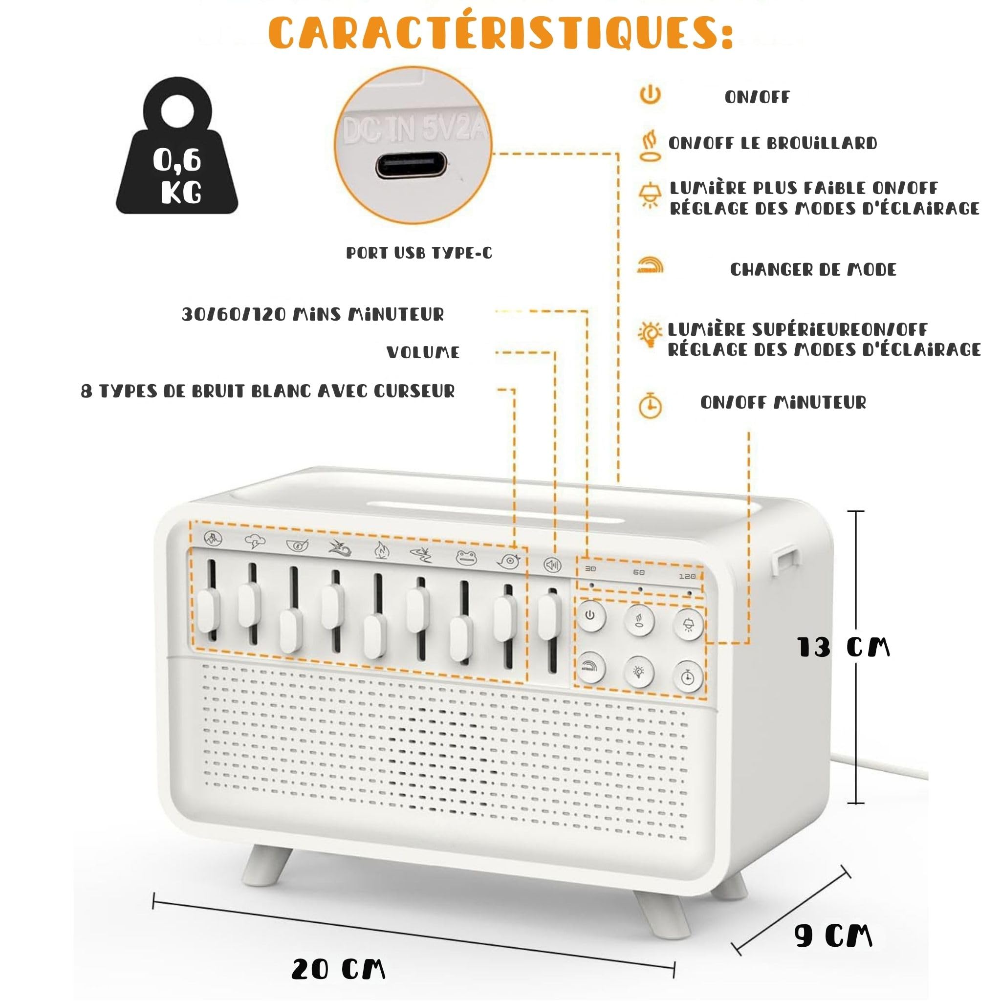 Enceinte Bluetooth 4 en 1 - Machine à bruit blanc pour bébés et adultes, humidificateur avec veilleuse et aromathérapie - Aide au sommeil, bruit blanc avec 8 sons de la nature, relaxation