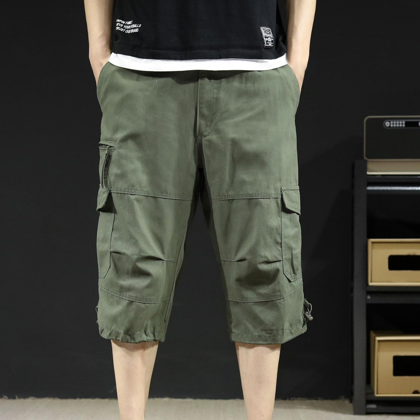 Pantalon 3/4 en coton léger pour homme - Grandes tailles - Couleur unie - Pantalon cargo d'extérieur - Pantacourt