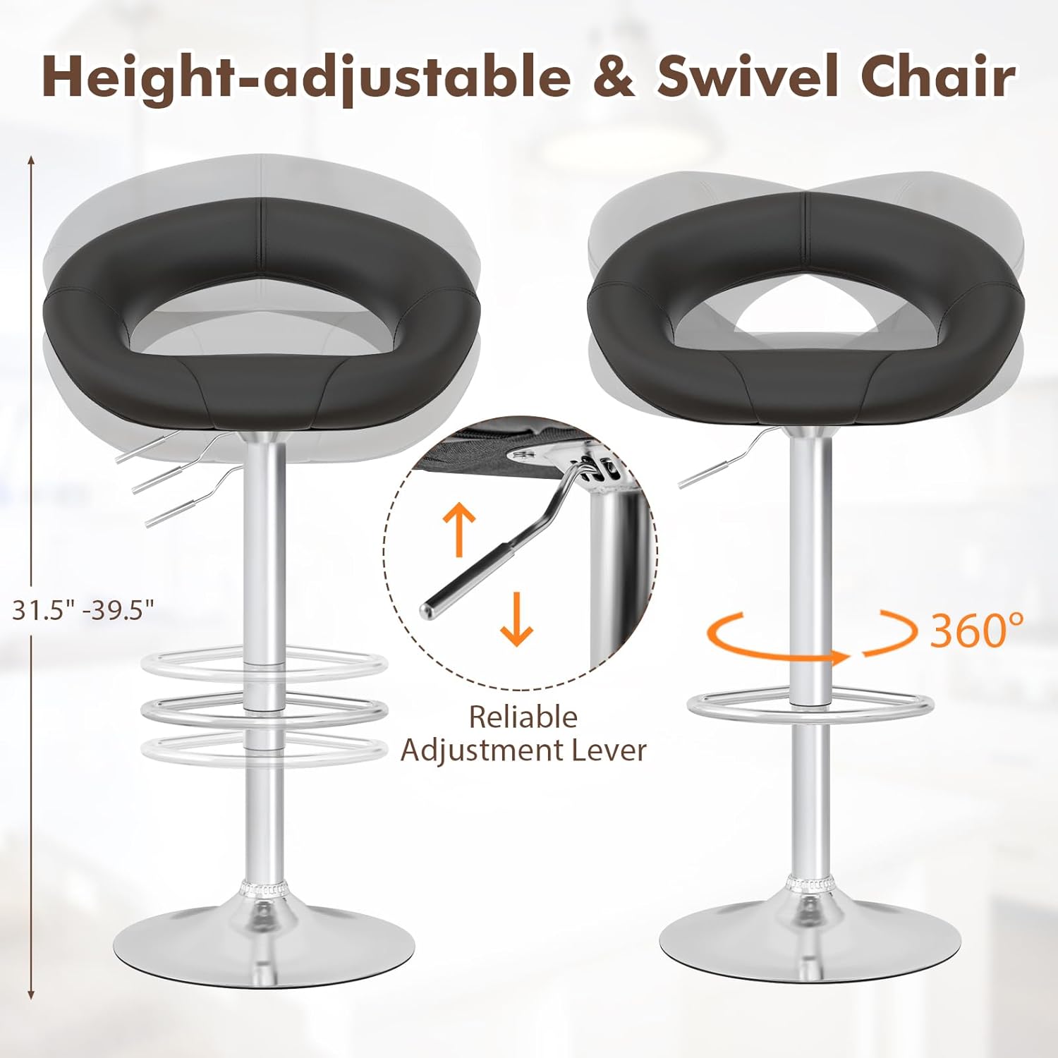 COSTWAY Height Adjustable Bar Stools Set of 4, Swivel Counter Stools w/Hollow Back & Footrest, Heavy-Duty Metal Frame Upholstered Pub Stools, Swivel Breakfast Chairs for Bar, Kitchen, Black